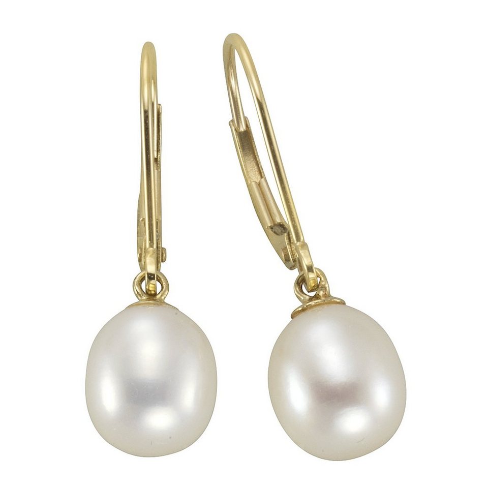 Fascination by Ellen K. Paar Ohrhänger 585 Gold Perle weiß 8-8,5mm,  Hochwertige Perlen Ohrringe aus echtem Gold 585
