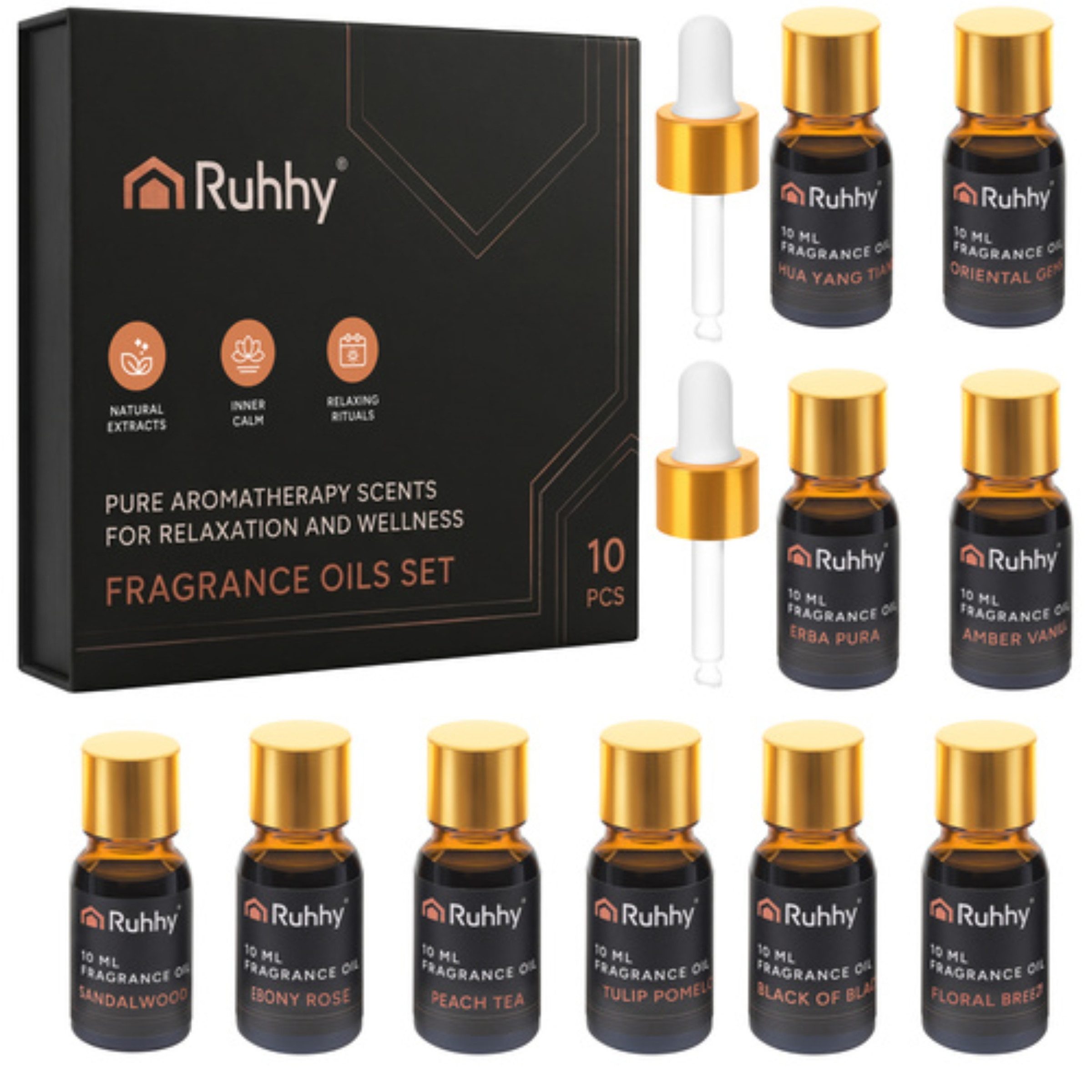 Ruhhy Duftöl Duftöl Set 10x10 ml Raumduft Öle mit Pipetten Geschenkset (Duftöl Geschenkset mit 10 Aromen zur Raumbeduftung inkl. Pipetten, 12-St., 10 Duftöle à 10 ml mit 2 Pipetten in Geschenkbox), 10 verschiedene Duftnoten Konzentriert Mit Pipetten zur Dosierung