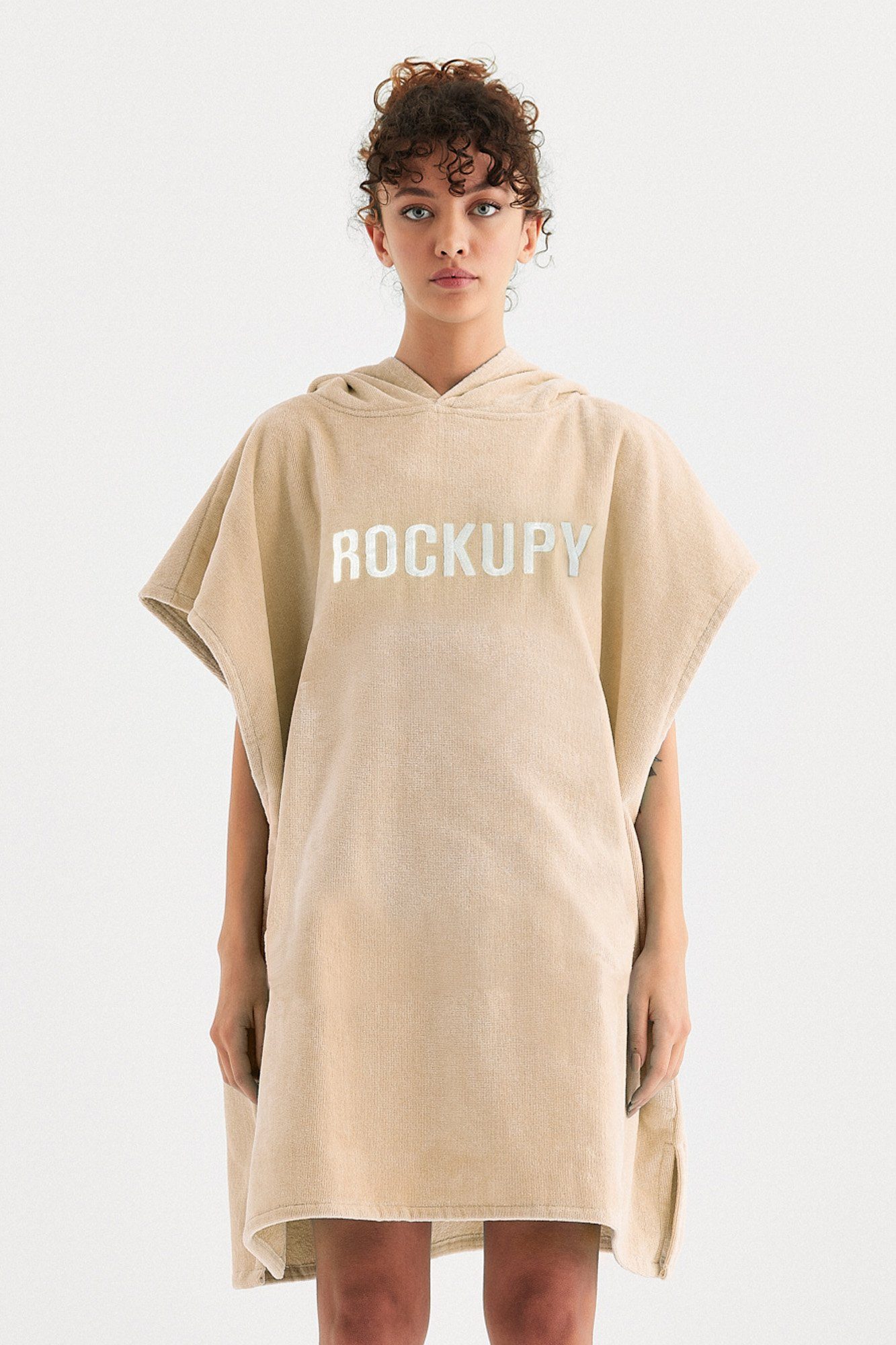 Rockupy Badeponcho Solo, Kapuze, aus Beige Frottee