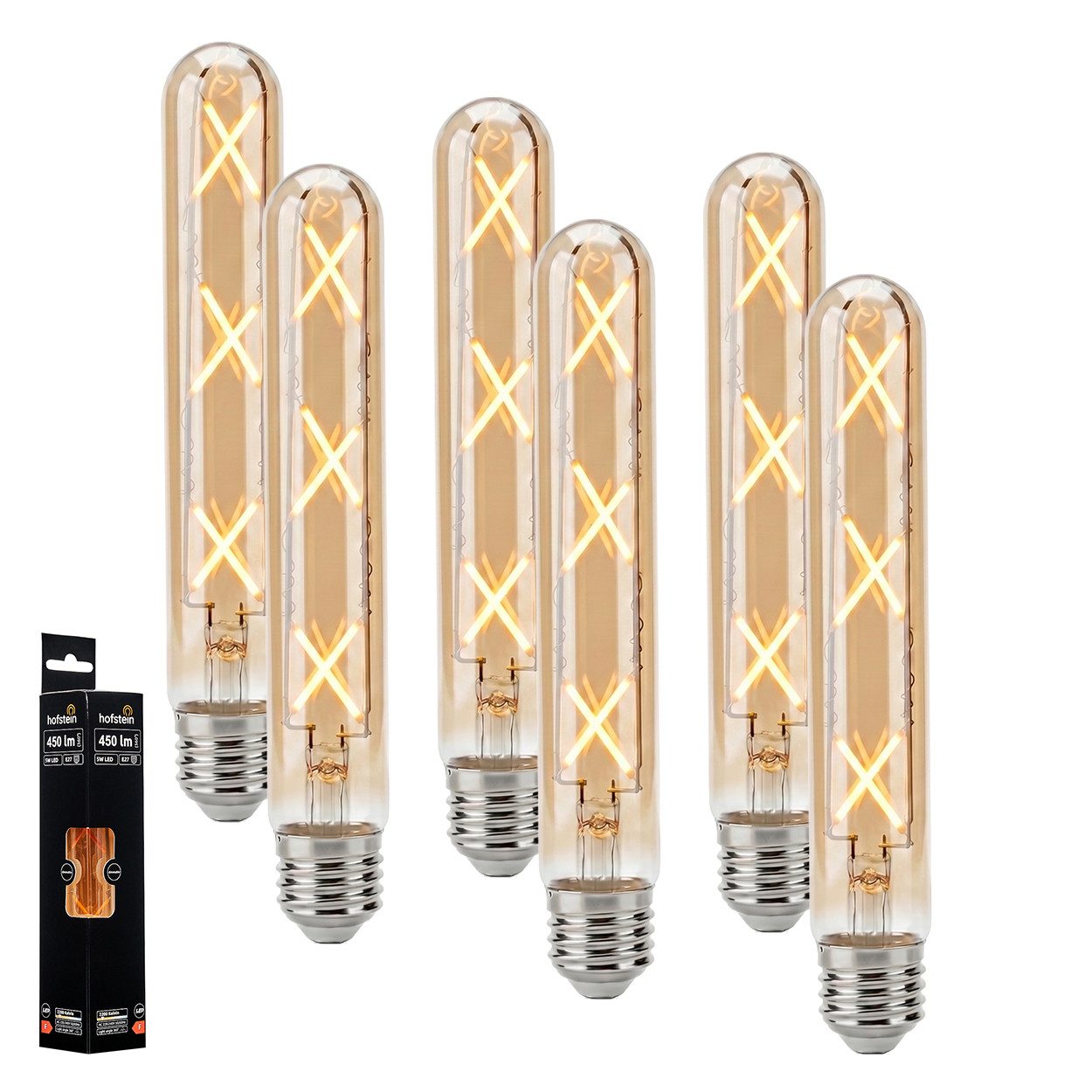 hofstein LED-Leuchtmittel 6er Set Glühbirne Extra Warmweiß dimmbar 5 Watt, 2200 Kelvin, 450 Lumen, Röhre Vintage, Filament, Amber