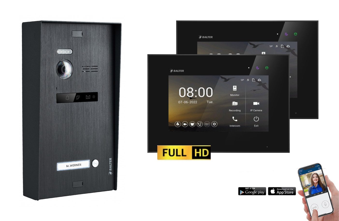 Balter Video-Türsprechanlage BALTER EVO-HD Aufputz Türsprechanlage 2-Draht 1-Familienhaus Schwarz (Set, 1-Familienhaus, Komplettset, Full HD 175° Kamera, App-Steuerung)