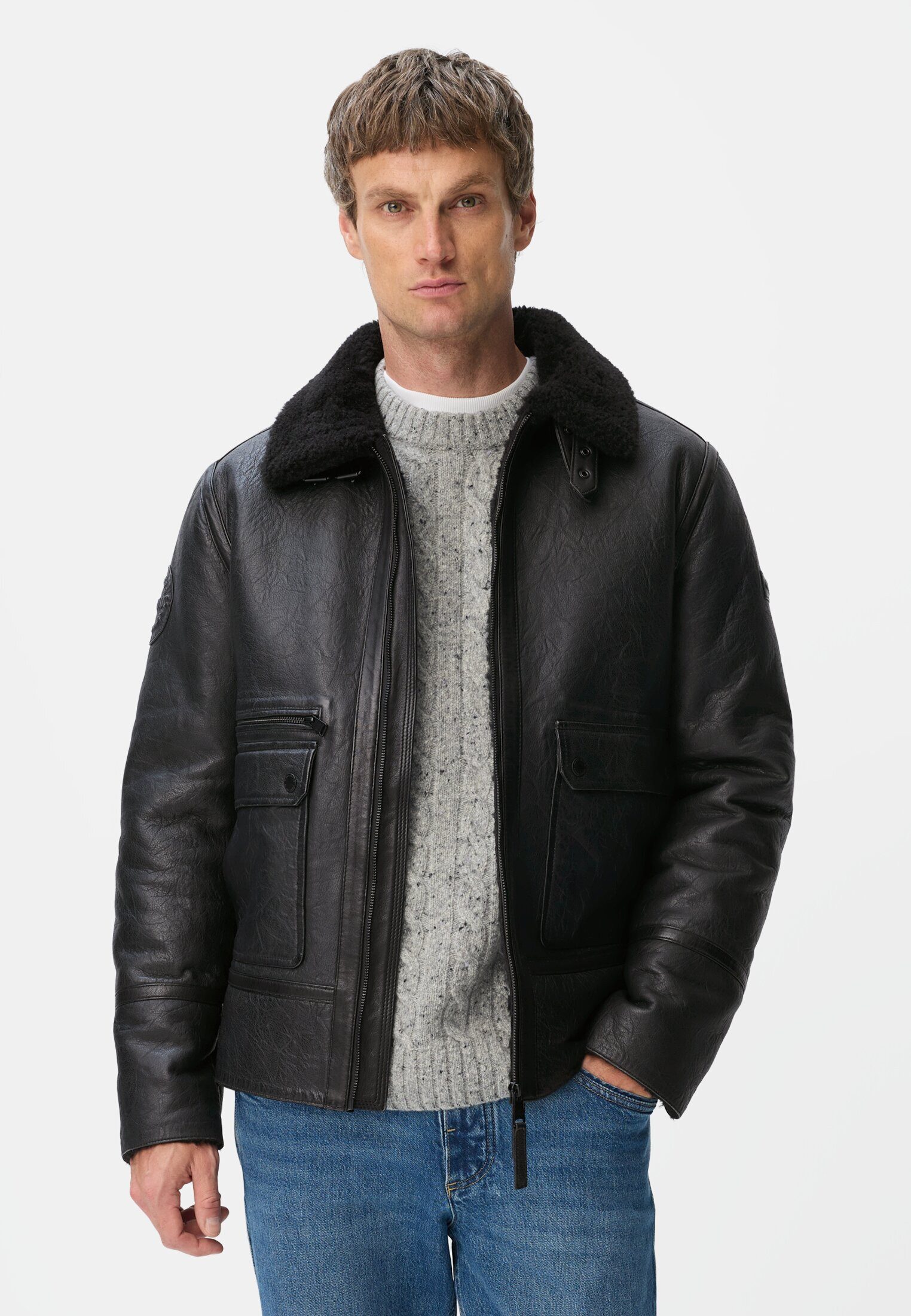 camel active Lederjacke mit Innentasche Langarm
