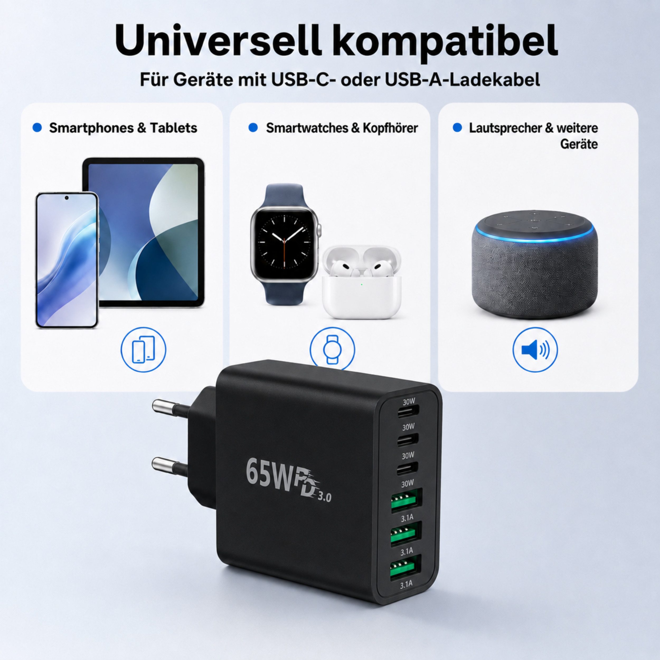PlugUp 65W Ladegerät 6-Port 30W Schnellladeadapter mit USB-C Ladekabel USB-Ladegerät (3100 mA, Set, Inkl. USB-C Ladekabel, Universelles Schnellladegerät mit USB – Bild 4 von 5