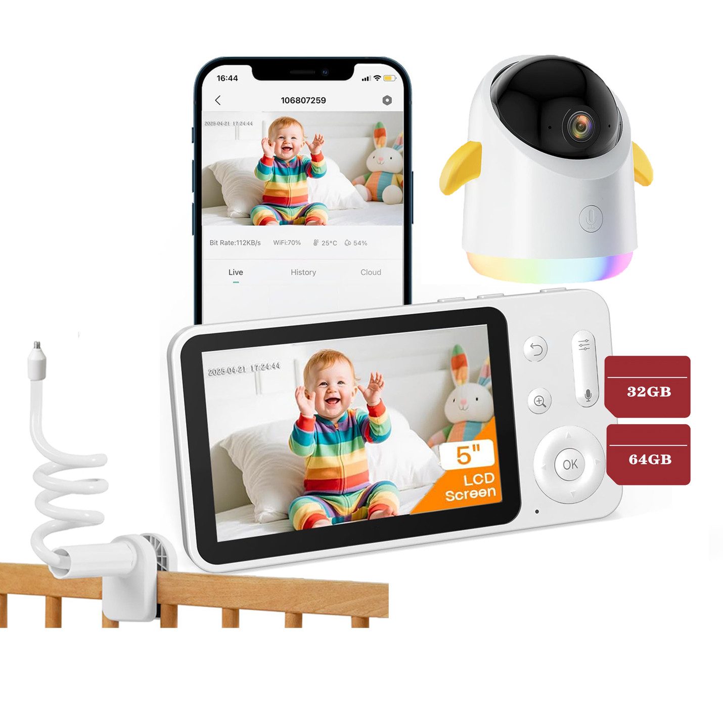 Video-Babyphone 2K/5,0 Zoll WLAN Babyphone mit Kamera und App IR/RBG Nachtsicht