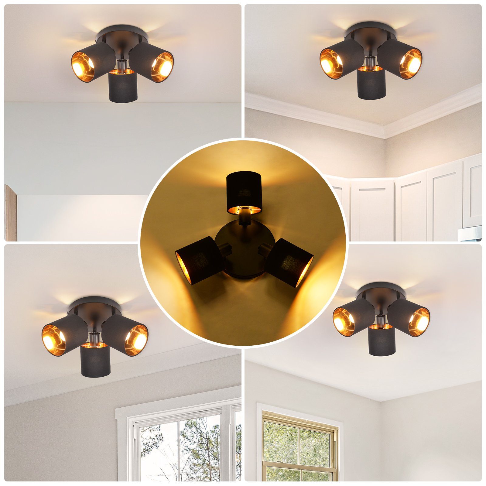 ZMH Deckenleuchte 3 Flammig E14 Deckenstrahler Vintage Deckenspot Schwenkbar, ohne Leuchtmittel, Stoffschrim Modern für Wohnzimmer Schlafzimmer Küche