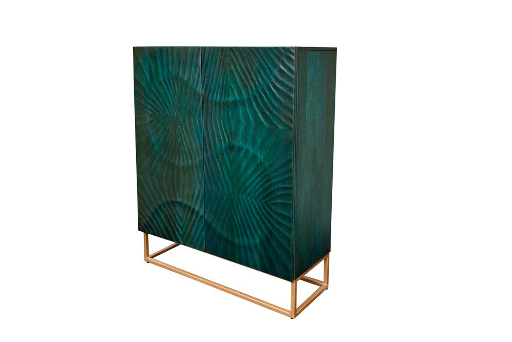 riess-ambiente Highboard SCORPION 120cm türkis/gold - Hochschrank aus Mango-Massivholz (Einzelartikel, 1 St), Metall-Gestell · 3D Schnitzereien · 2 Türen · 6 Fächer · Wohnzimmer