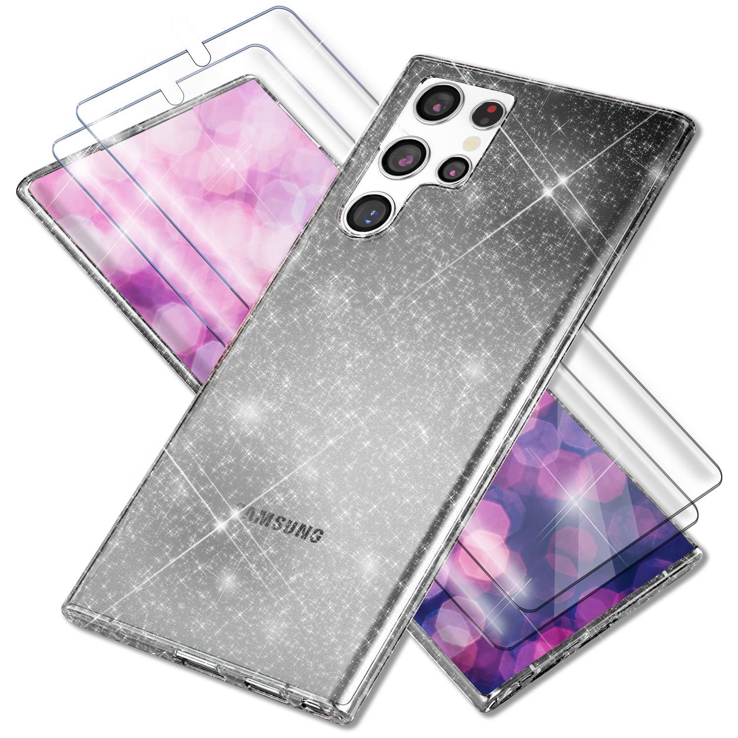 Nalia Smartphone-Hülle Samsung Galaxy S23 Ultra 17,3 cm (6,8 Zoll), Klare Glitzer Silikon Hülle / 2x Displayschutz / Glitter Bling Cover