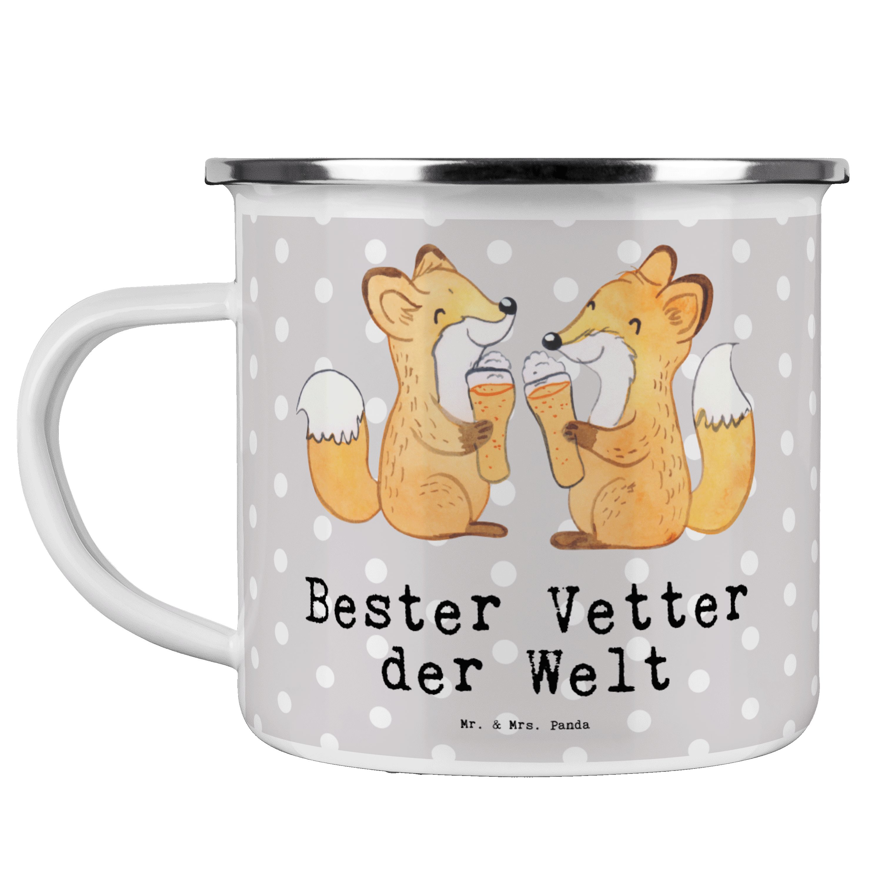 Mr. & Mrs. Panda Becher Fuchs Bester Vetter der Welt - Grau Pastell - Geschenk, Trinkbecher, Emaille