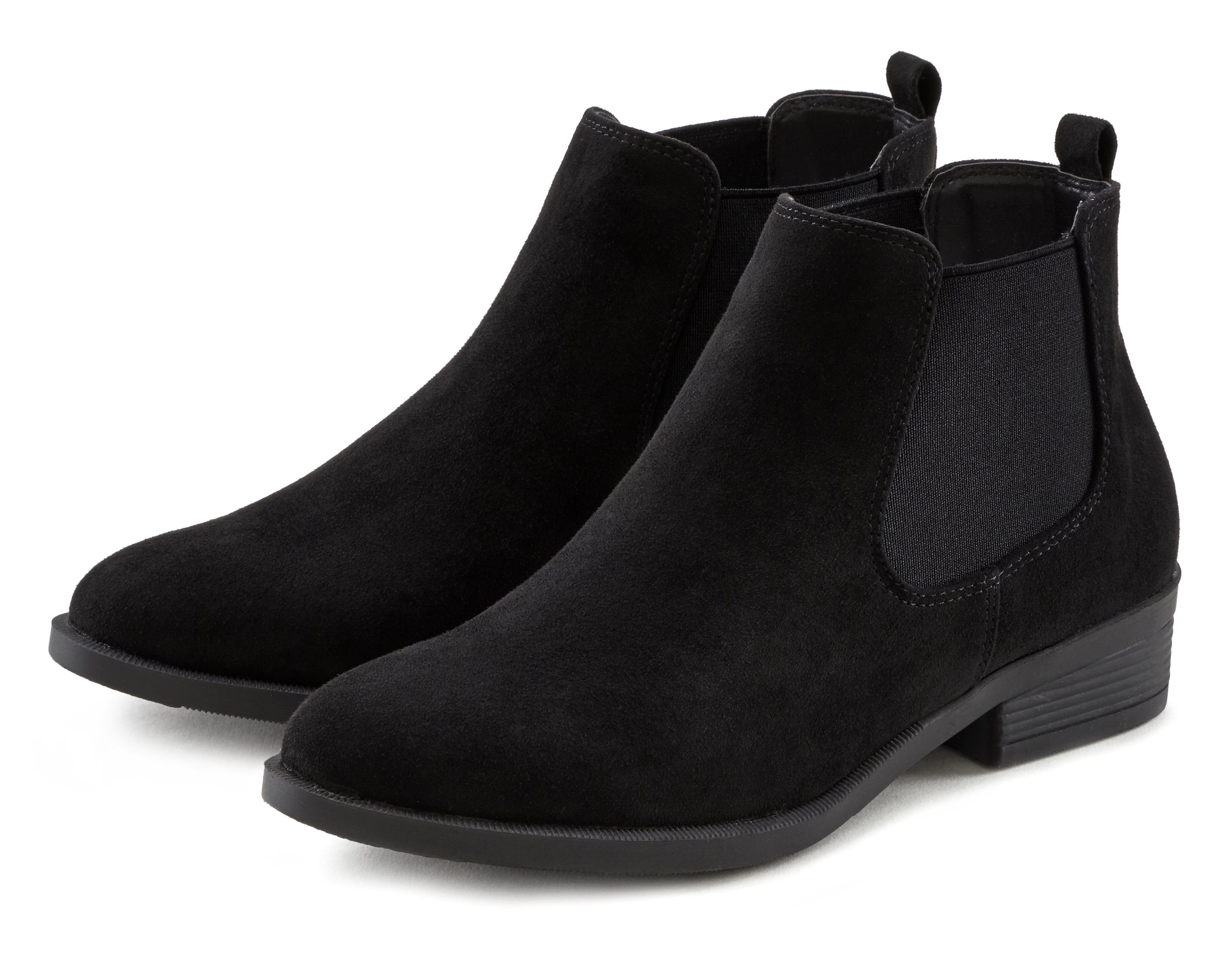 schwarz zum LASCANA Stiefelette, Reinschlüpfen, Ankle Boots Chelseaboots VEGAN bequem