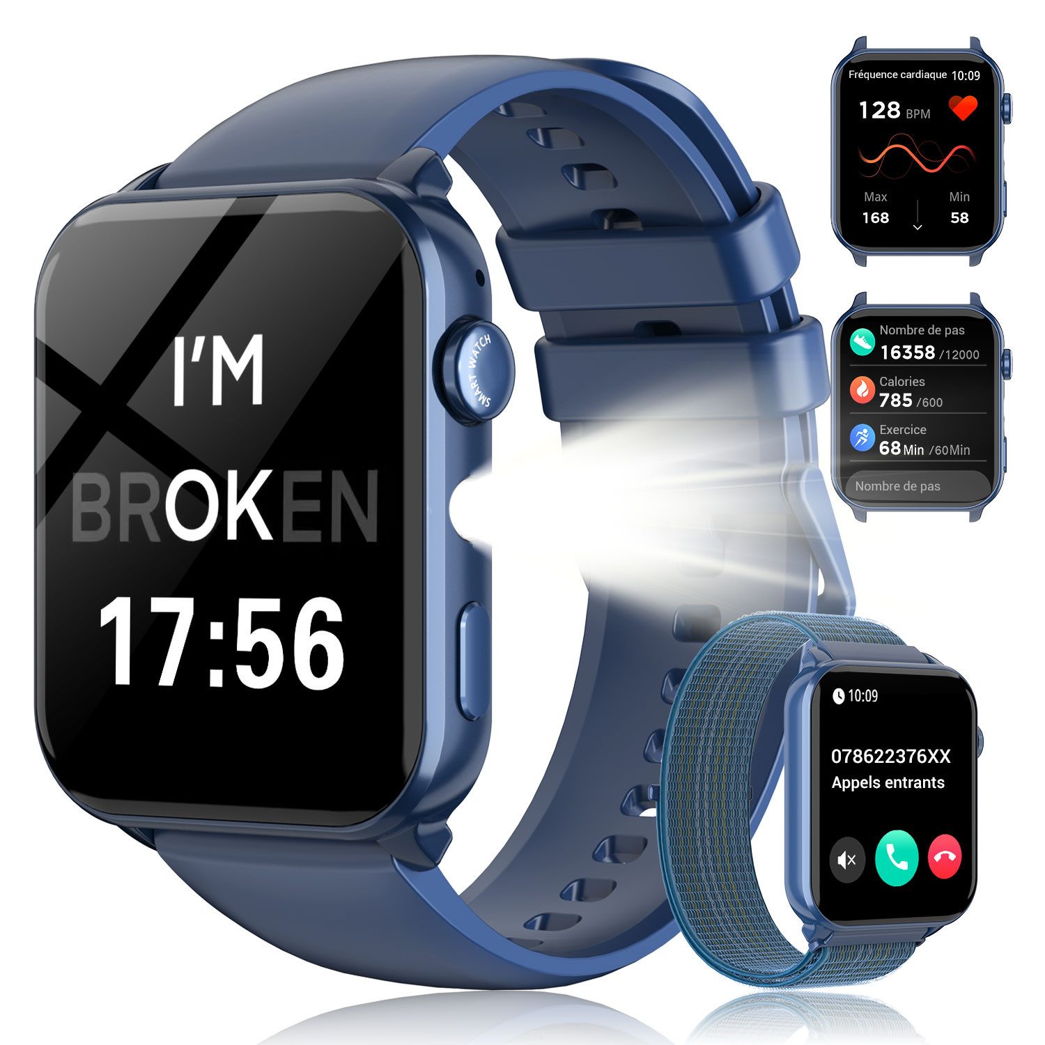 blackview Smartwatch Herren Damen, LED-Leuchte, 350mAh (6 Tage), 2 Armbänder Smartwatch (1.91 Zoll, iOS/Android), mit Wechselband aus weichemSilikon und Ladekabel, Antwort & Anruf tätigen,Herzfrequenz,Schlafmonitor,SpO2,Schritten,IP68