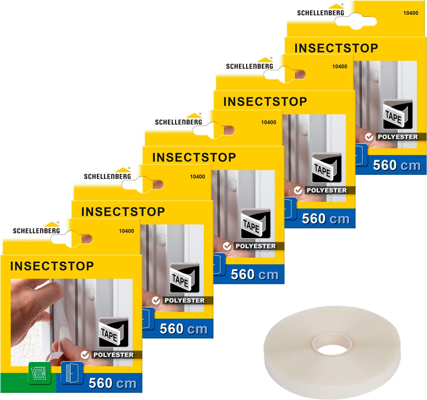 SCHELLENBERG Klett-Klebeband Insektenschutzzubehör, Befestigungsband für Polyester-Fliegengitter (Packung, 5-St) semi-transparent, 5,6 m, in unterschiedlichen Sets erhältlich