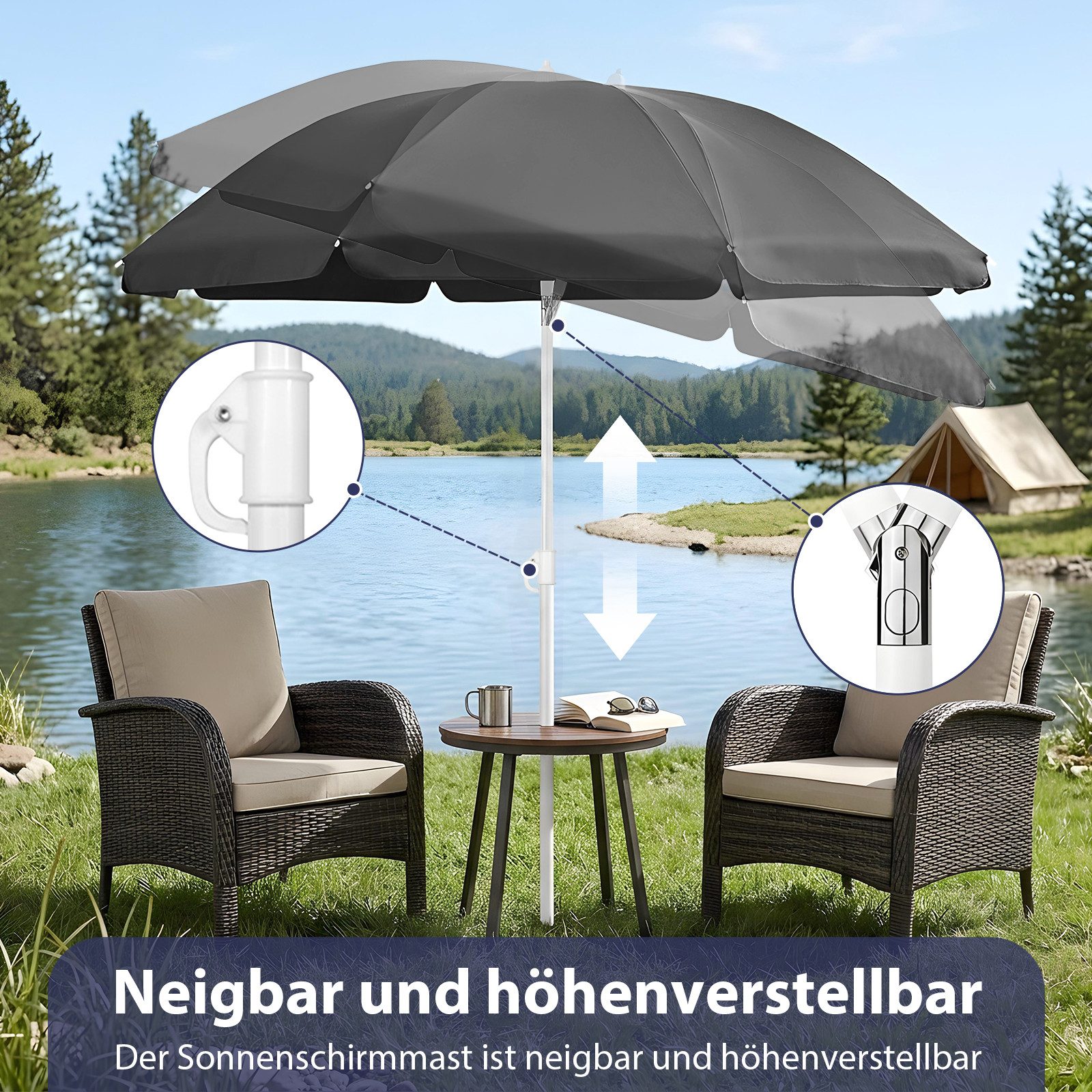 SUNULA Sonnenschirm Ø140/Ø160 cm Balkonschirm Rund Strandschirm mit Schutzhülle, LxB: 140x140 cm, 140 cm mit Knickfunktion, Höhenverstellbar, Leicht zu Transportieren