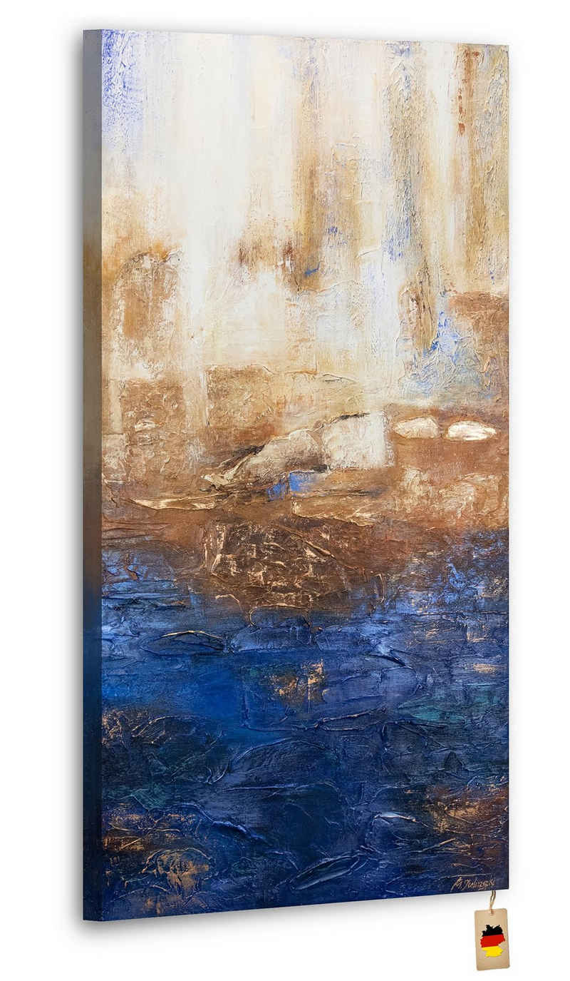 YS-Art Gemälde »Marine II«, Abstrakte Bilder, Vertikales Leinwand Bild Handgemalt Blau Gold Abstrakt
