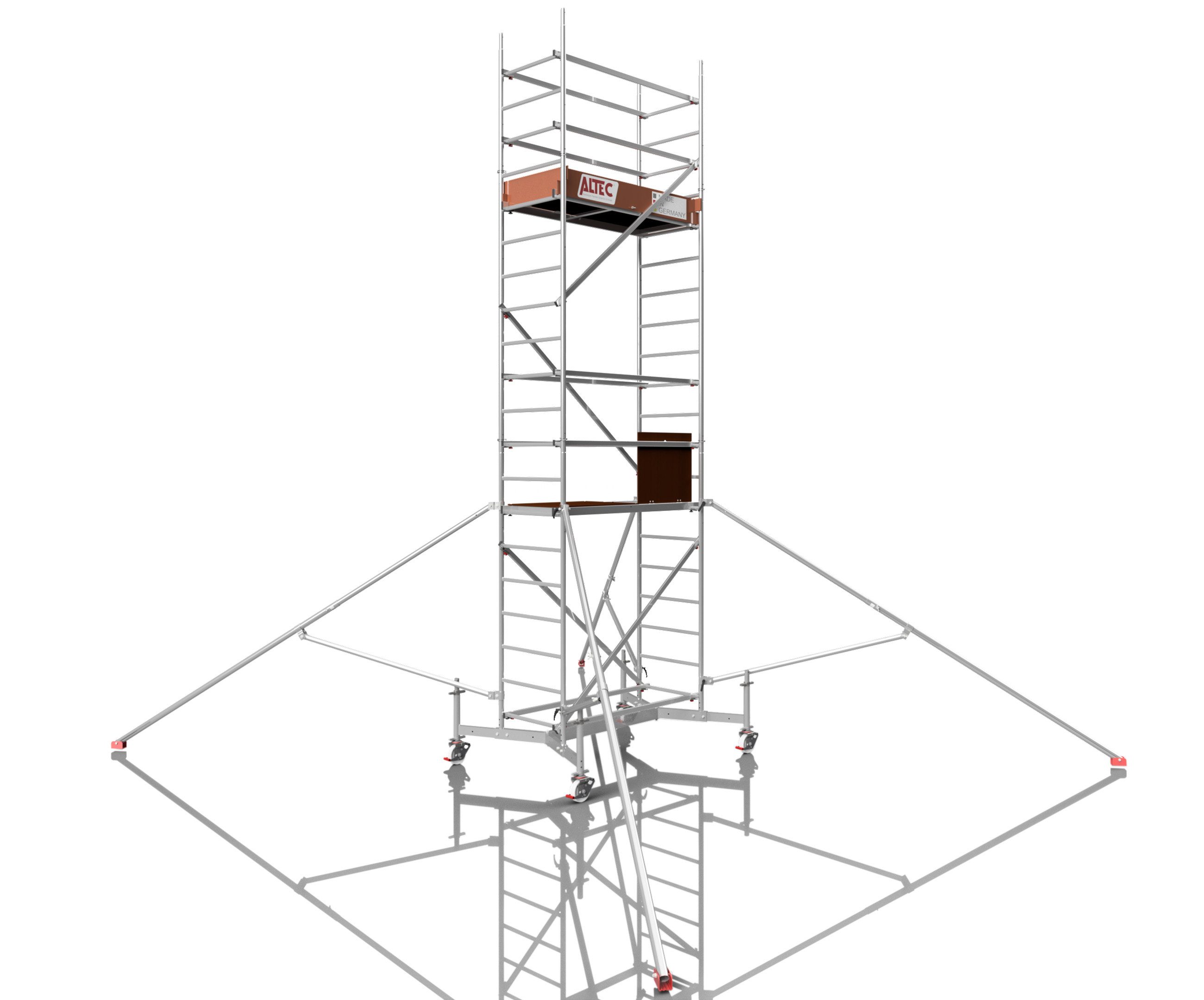 ALTEC Aluminium Fahrgerüst Rollfix 1.0, Ø150mm Rollen, teleskopierbare Traverse, Dreieckausleger, maximale Arbeitshöhe 10 Meter