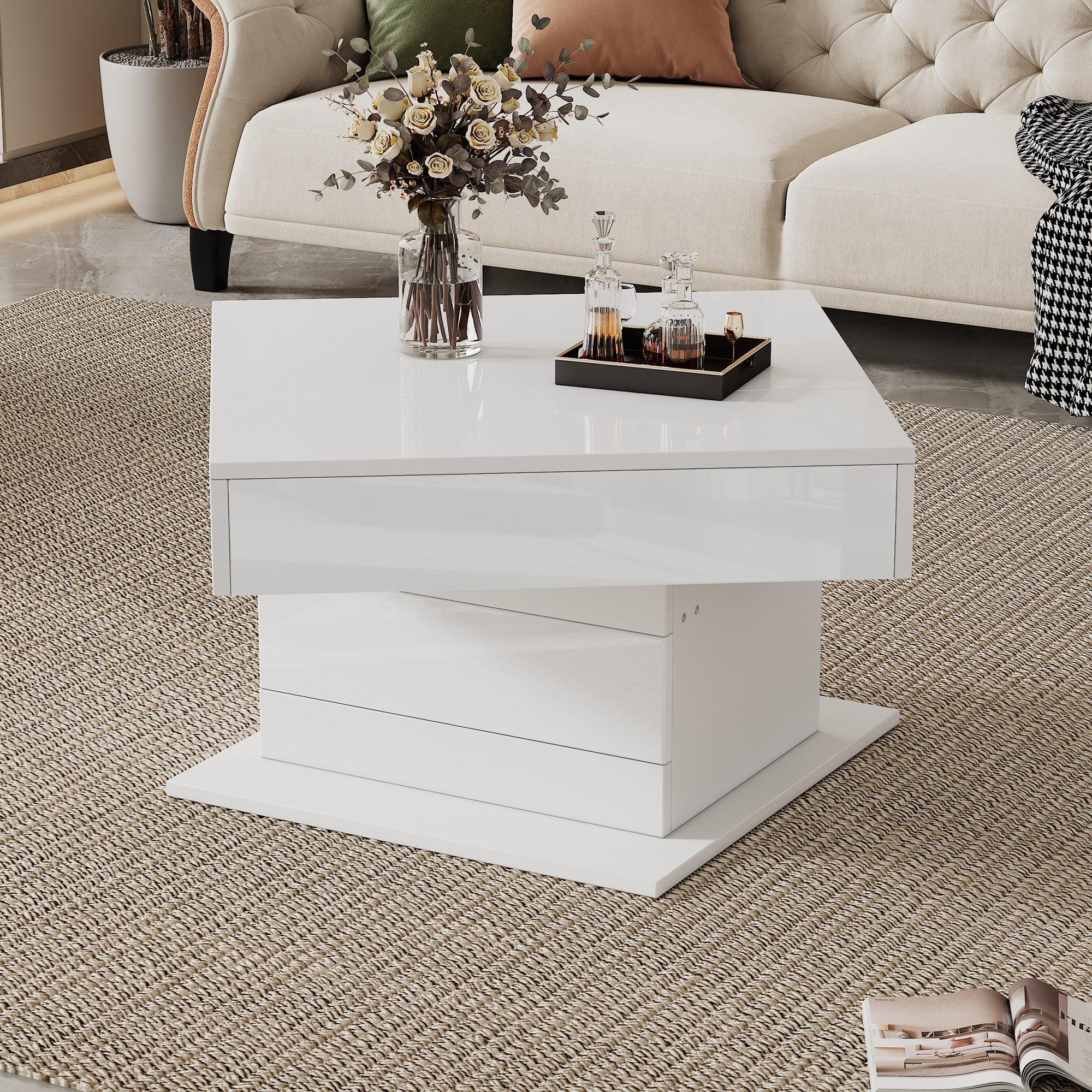 Merax Couchtisch hochglanz Sofatisch 360° drehbar höhenverstellbar Beistelltisch (1-St., quadratischer Kaffeetisch 70x70x45cm), Wohnzimmertisch mit Schublade, v – Bild 3 von 5