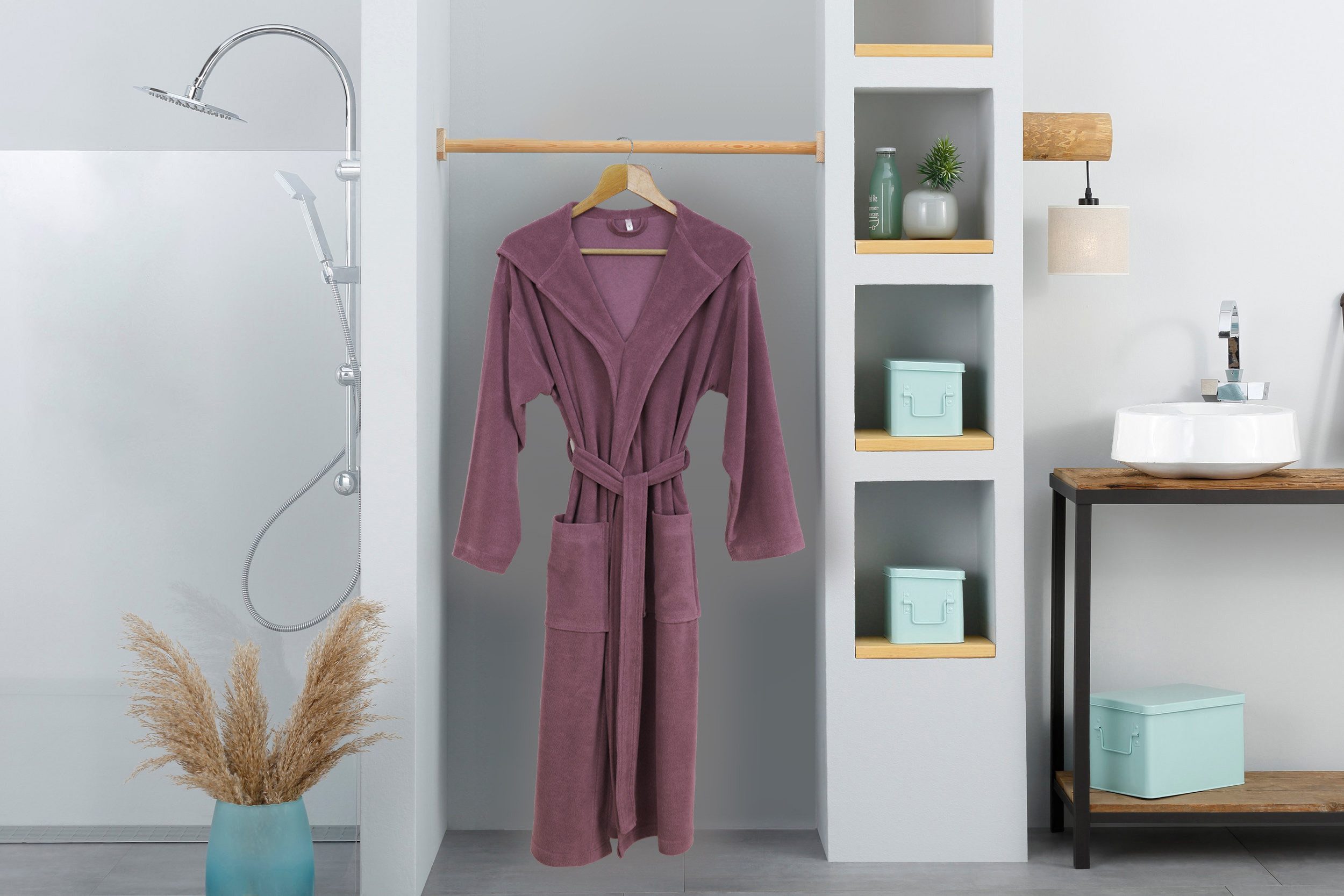 my home Damenbademantel Jule, ideal für Sauna & Spa, Hotelbademantel, Morgenmantel, Langform, Wirkfrottee, Kapuze, Gürtel, einfarbiger Leichtfrottier-Bademantel, hoher Baumwollanteil, XS-4XL
