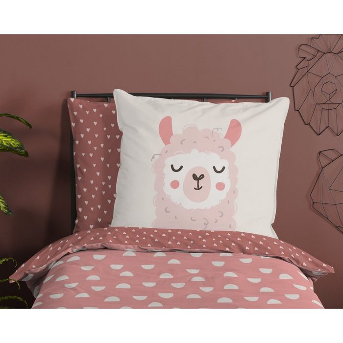 Bettwäsche Pastell Tier Alpaka Lama Herzen pink rosa soma Baumolle 2 teilig Bettbezug Kopfkissenbezug Set kuschelig weich hochwertig