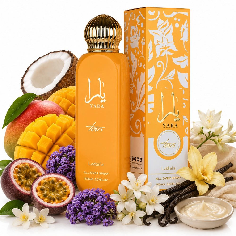 Lattafa Duft-Set Yara Tous All Over Spray Body Spray + Parfümzerstäuber leer