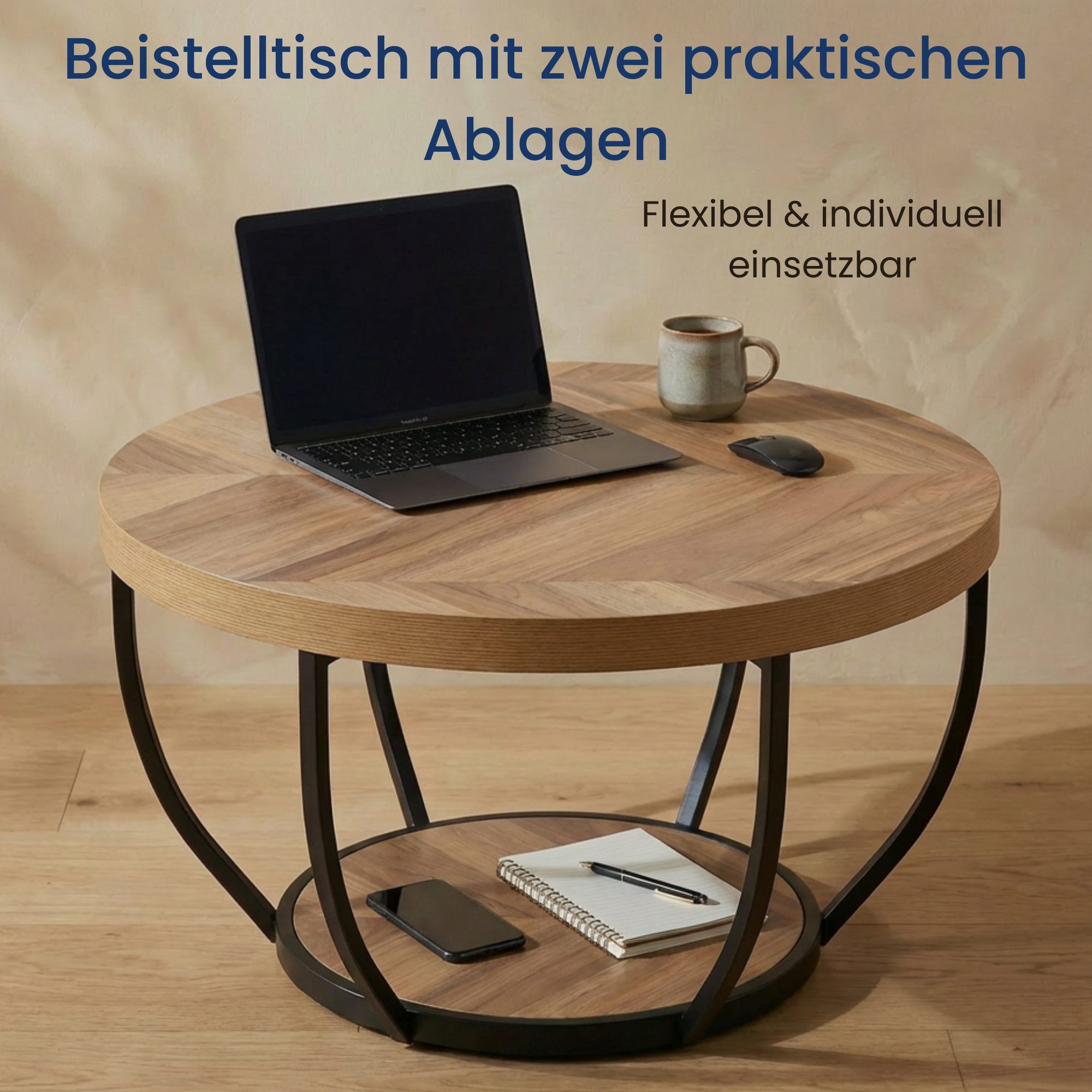 Home Collective Couchtisch Beistelltisch rund Ø 80 cm moderner Wohnzimmertisch mit 2 Ablagen (ideal als Büro Ablagetisch oder als Wohnzimmer Deko), hochwertiges – Bild 4 von 5