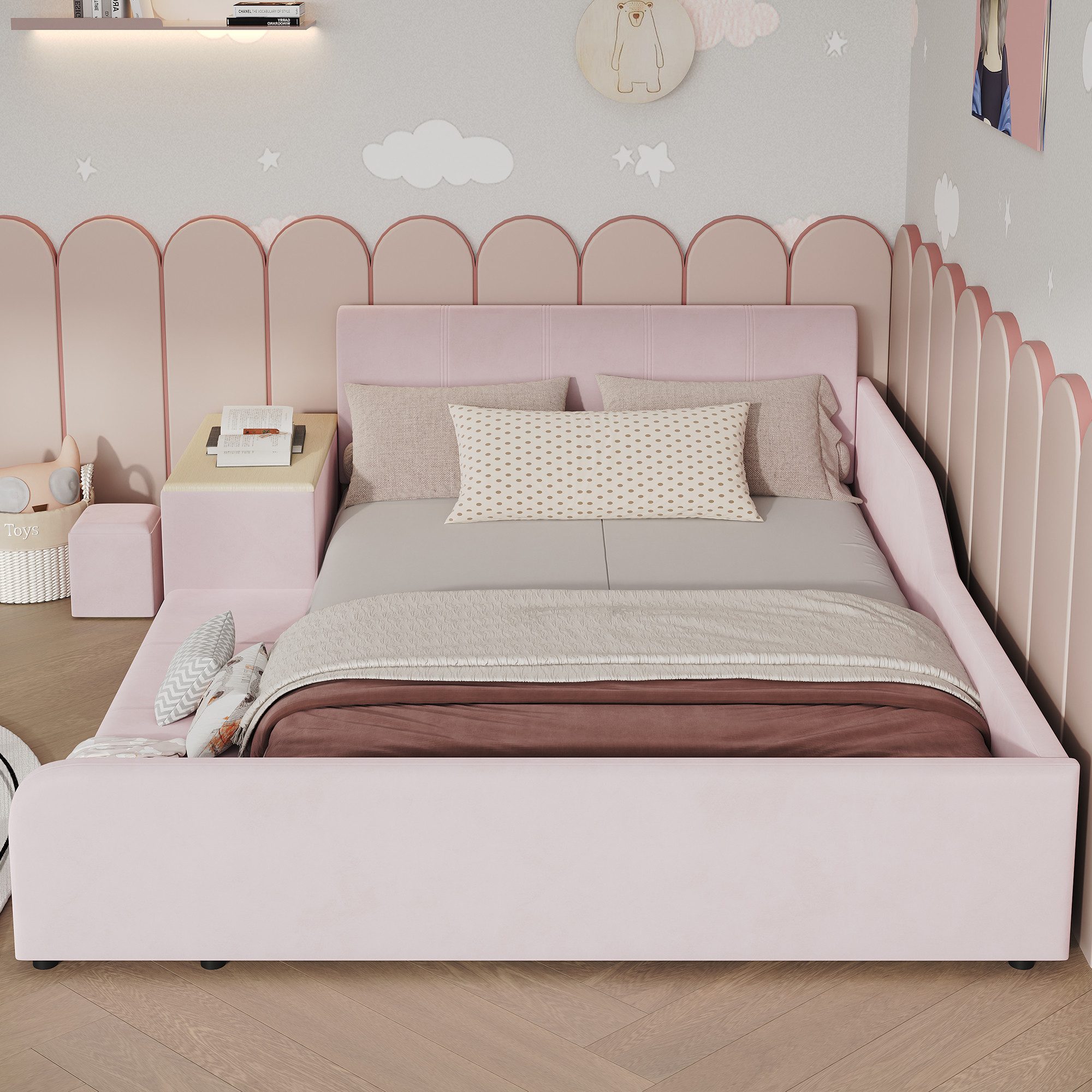 Flieks Polsterbett, Kinderbett 140x200cm mit Schreibtisch und Hocker mit Rausfallschutz