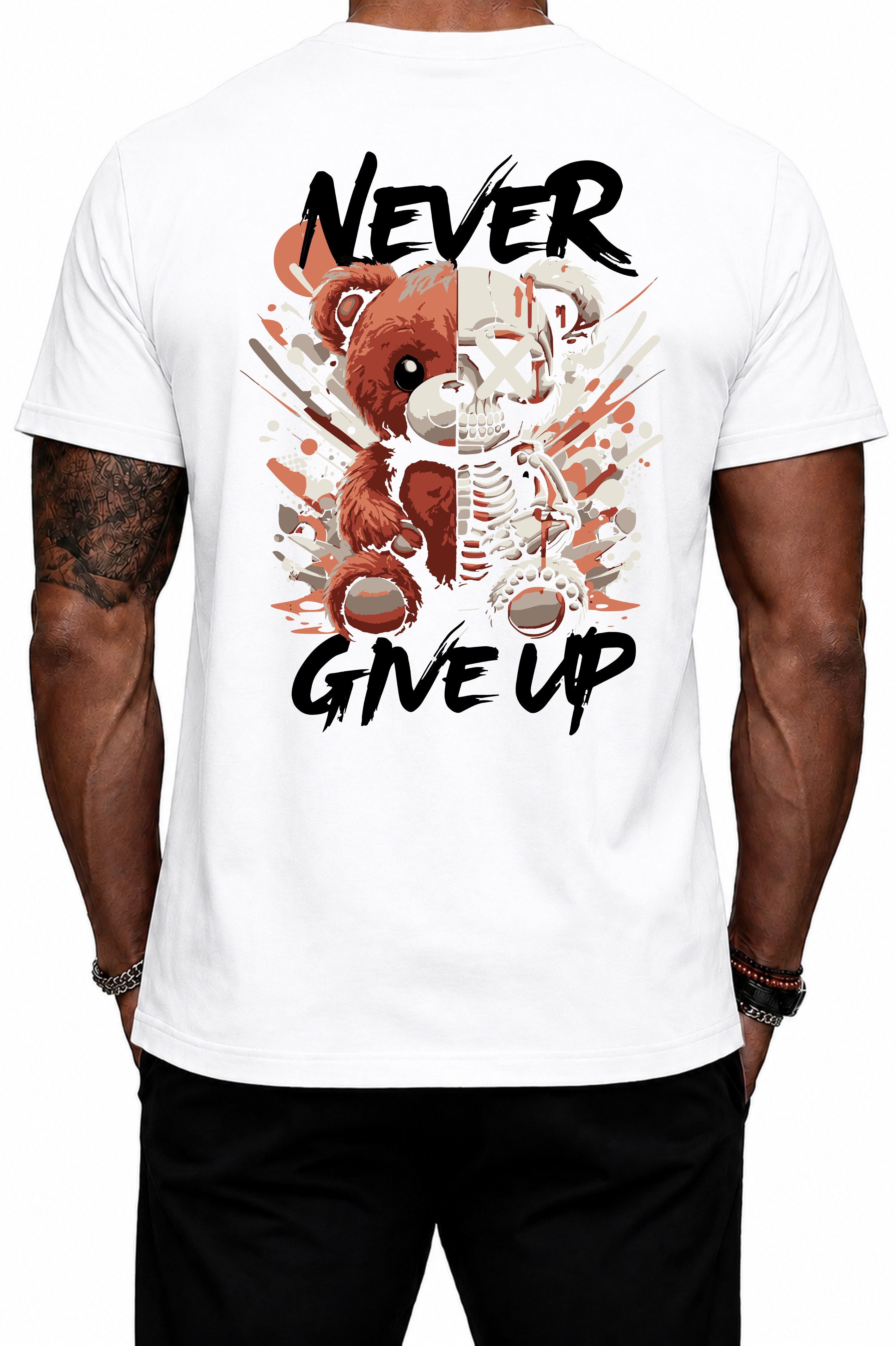 Banco T-Shirt Herren Teddy Bär Rundhals Sommer Basic Shirt "Never Give Up" Rundhalsausschnitt mit Nackenband – formstabil & bequem