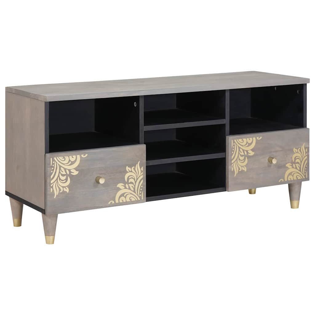 furnicato TV-Schrank Vollholz 100 x 33 x 46 cm Grau (1-St) Lowboard mit goldfarbenem Siebdruck und Messingknöpfen für Wohnzimmer