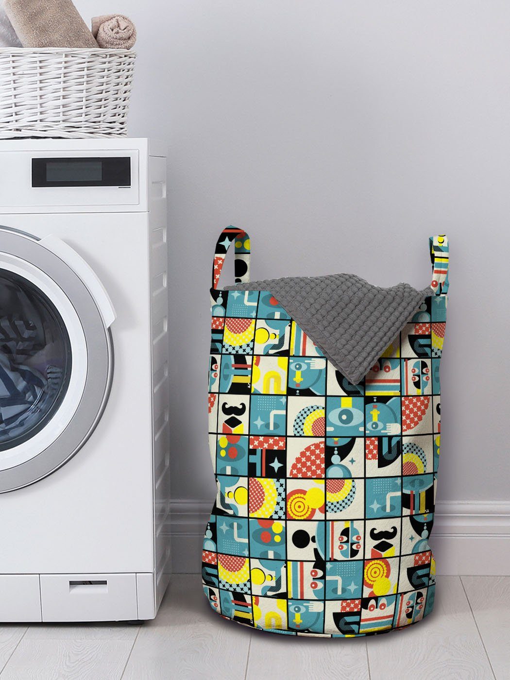 Waschsalons, Abakuhaus für verrückte Kordelzugverschluss mit Wäschekorb Wäschesäckchen Komponenten-Quadrate-Design Kunst Die Griffen