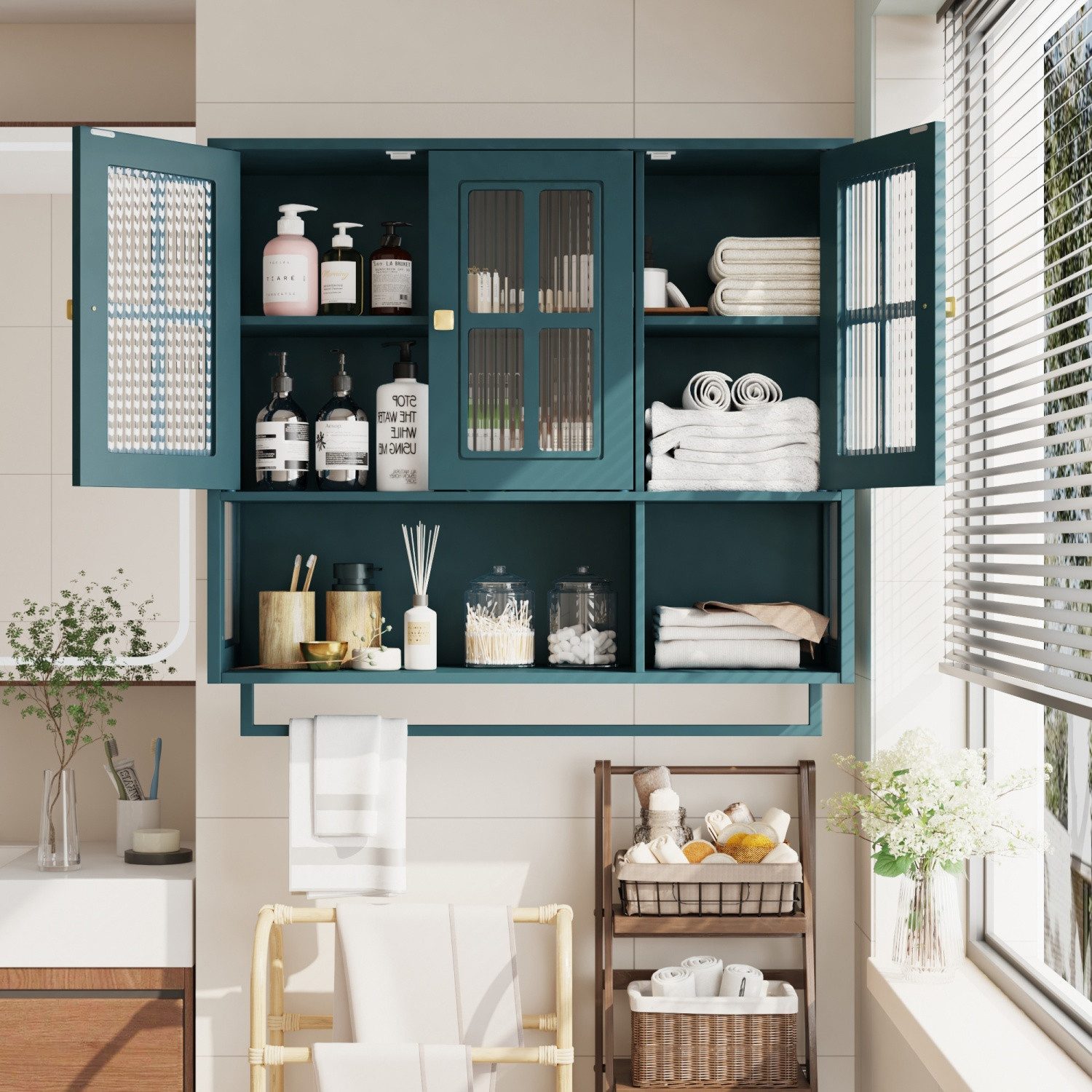 ANYSUN Hängeschrank Wandschrank mit Türen,Stauraum,Bad-Hängeschrank mit Handtuchhalter (1-St., Einzelstück) mit herausnehmbaren Einlegeböden,88 × 26 × 82,5 cm,10 kg Tragfähigkeit