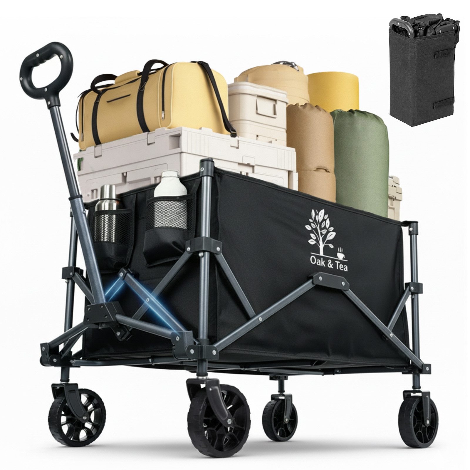Oak&Tea Bollerwagen faltbar Einkaufswagen Gartenwagen Camping Handwagen 100L (1-tlg), 90 kg Belastbarkeit, Camping & Outdoor, 360° Vorderräder, Platzsparend
