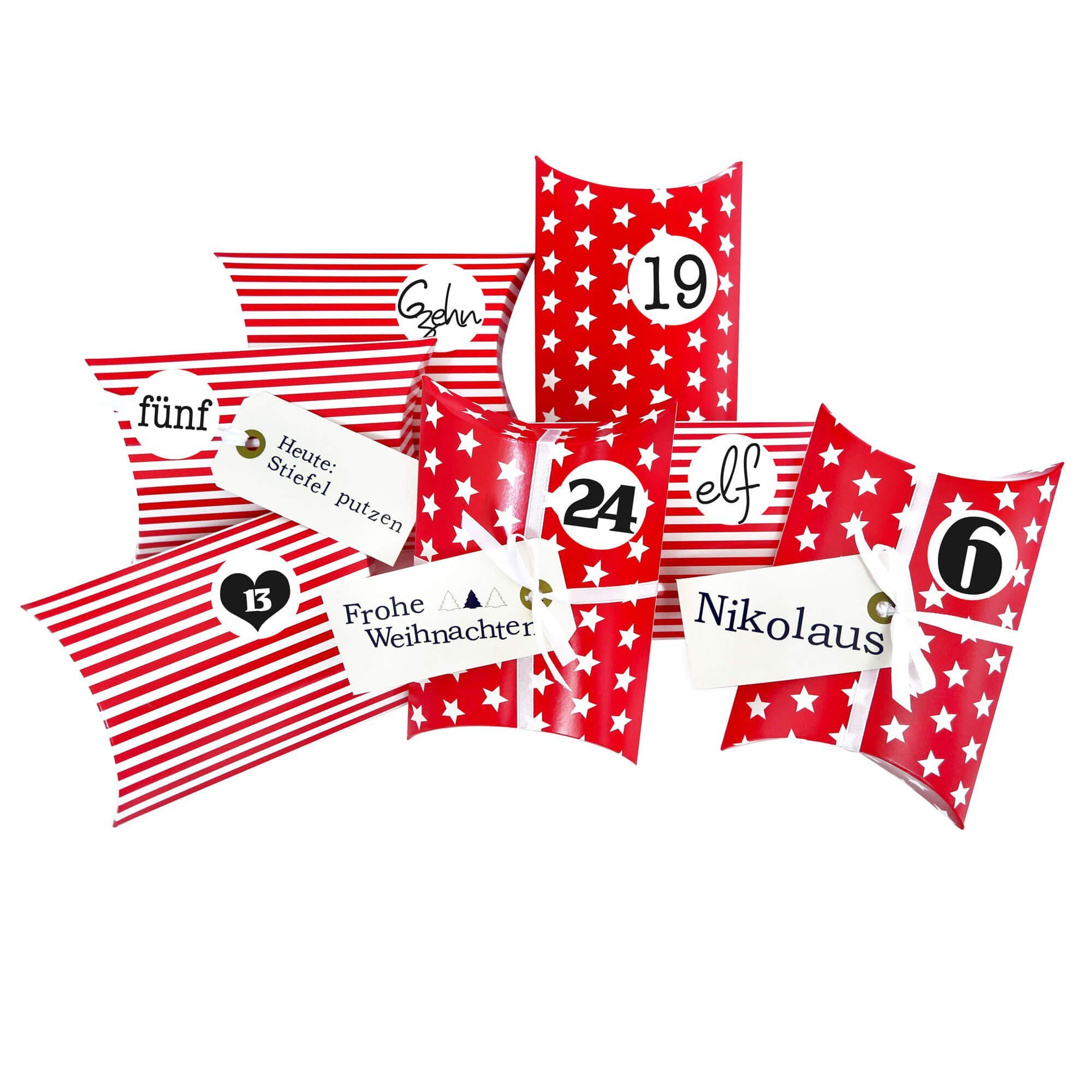Frau WUNDERVoll befüllbarer Adventskalender Adventskalender Kissenschachtel rote Sterne / Streifen Ziffern schwarz