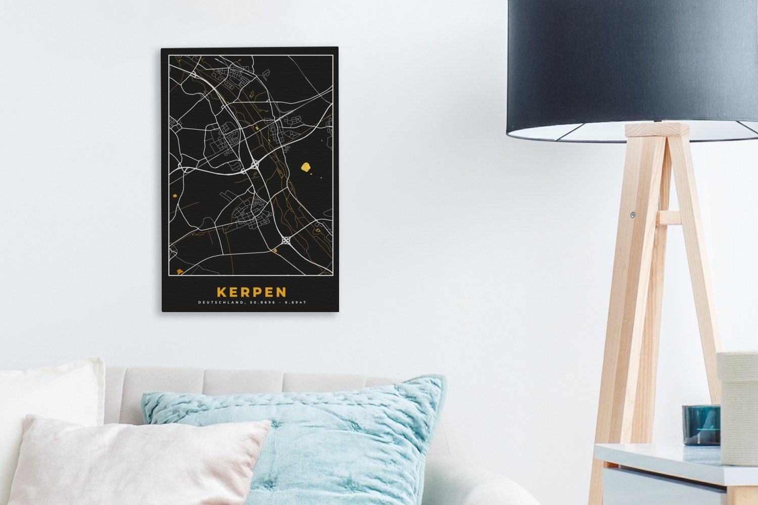 Stadtplan fertig Leinwandbild Leinwandbild Deutschland - Karte Karte, Gold 20x30 Zackenaufhänger, - - inkl. OneMillionCanvasses® cm - Kerpen - (1 St), Gemälde, bespannt