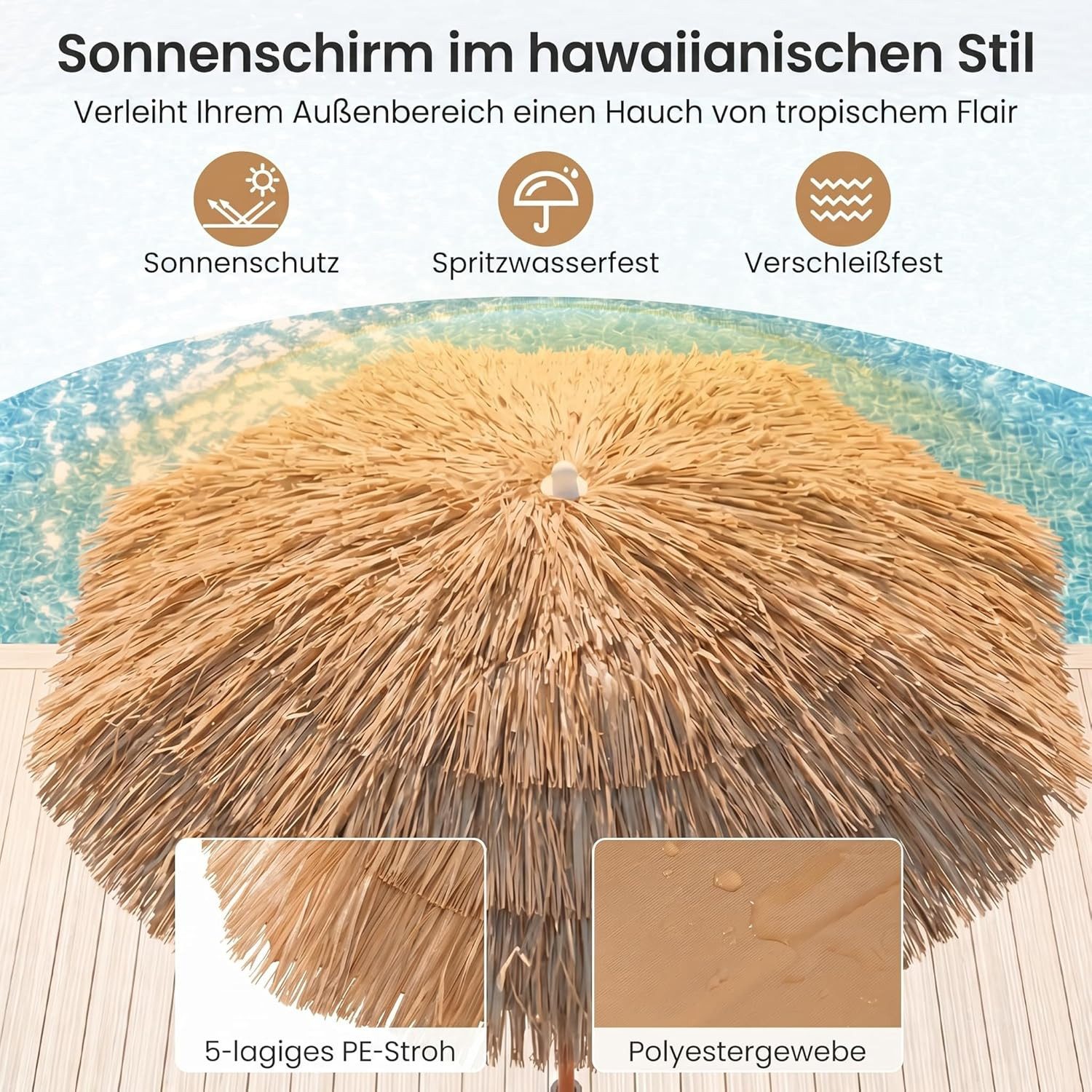 KOMFOTTEU Sonnenschirm Hawaii Strandschirm, mit Neigungsfunktion & verstellbarer Höhe – Bild 4 von 5