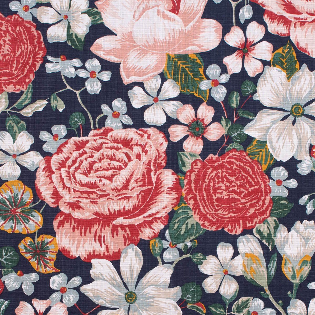 SCHÖNER LEBEN. Stoff Baumwollstoff Dekostoff Deneuve Romantik Rosen Blüten dunkelblau rosa