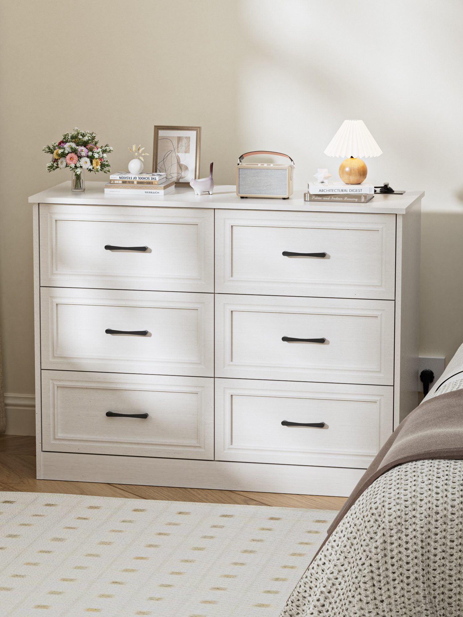 FiveWillowise Sideboard Kommode mit Steckdosen, 6 Schubladen, 2 USB & 2 AC-Anschlüssen (1 St), Kommodenschrank aus Holz, 106 x 81,5 x 39 cm, Weiß