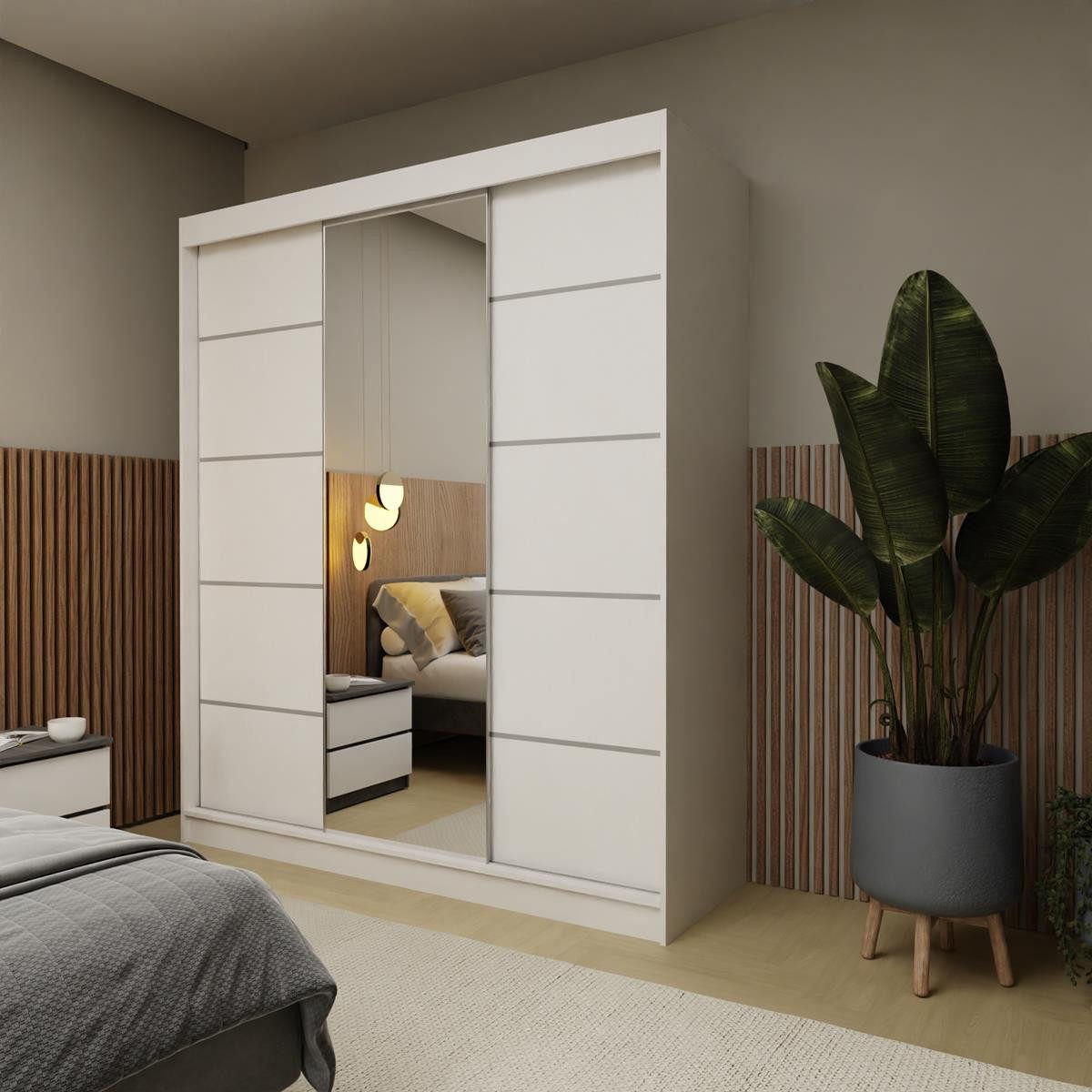 Compleo Schwebetürenschrank 180 cm breit NAPOS, zeitlos Stil, Garderobe mit Spiegel