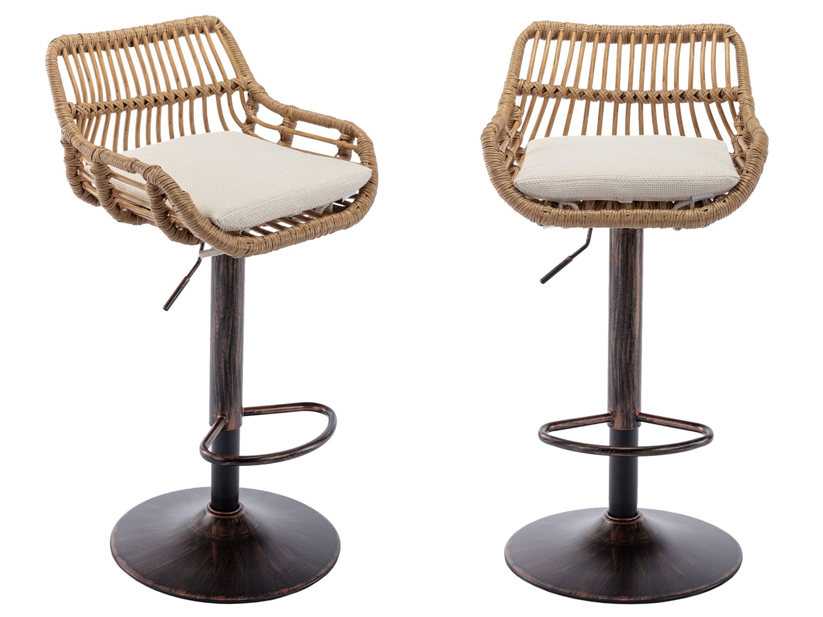 SeedWave Barhocker mit Goldbasis, höhenverstellbar (89-109 cm), 360° Schwenkmechanismus, 2 er Set, Leinenstoff, PE-Rattan, robuster Stahlrahmen