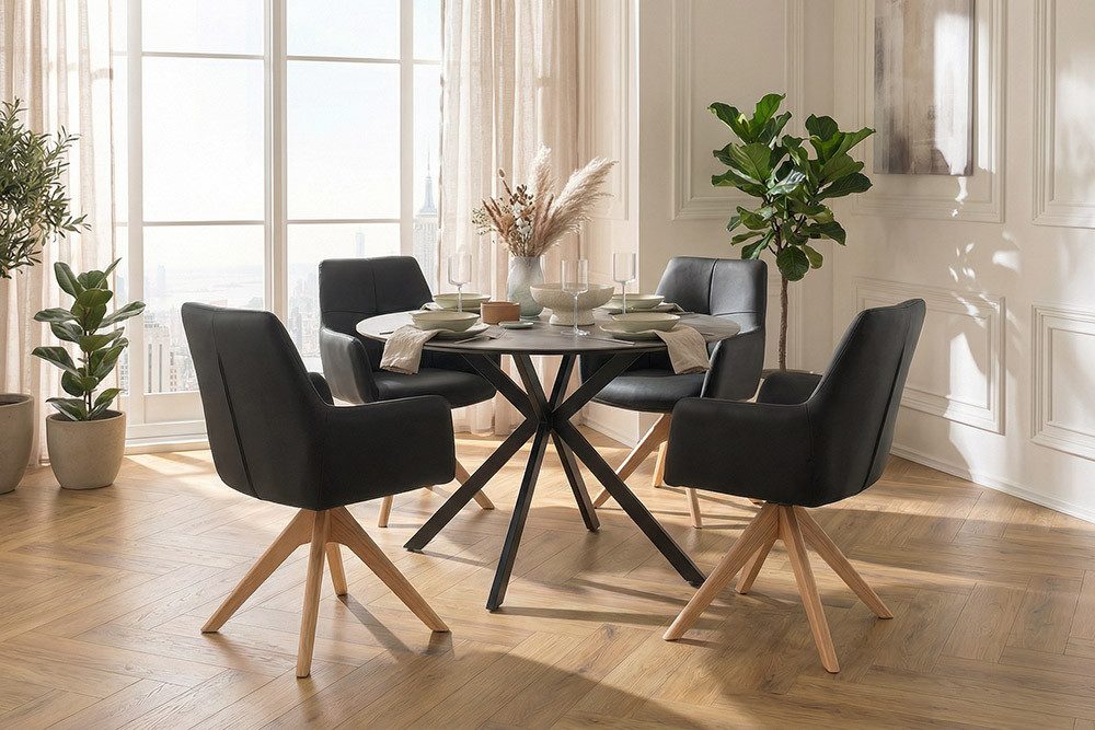 riess-ambiente Drehstuhl ALMARA schwarz/natur - Eiche, Echtleder, 360°, Massivholz, modern (Einzelartikel, 1 St), Natürlicher Polsterstuhl - ideal f. Ess- & Wohnzimmer oder Home Office