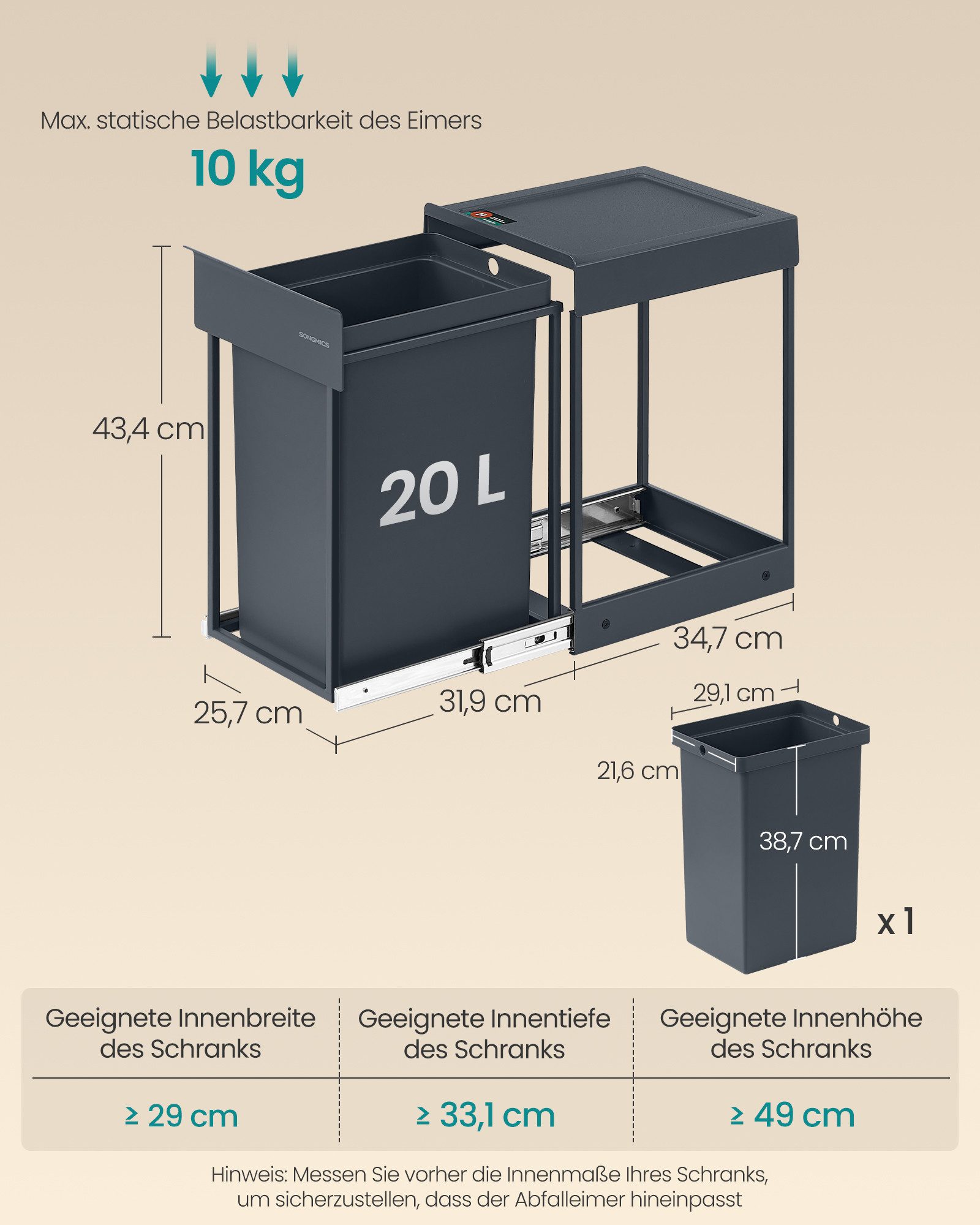 SONGMICS Mülleimer Abfalleimer ausziehbar, Küche, Stahlrahmen, ABS-Deckel, für Unterschrank – Bild 4 von 5