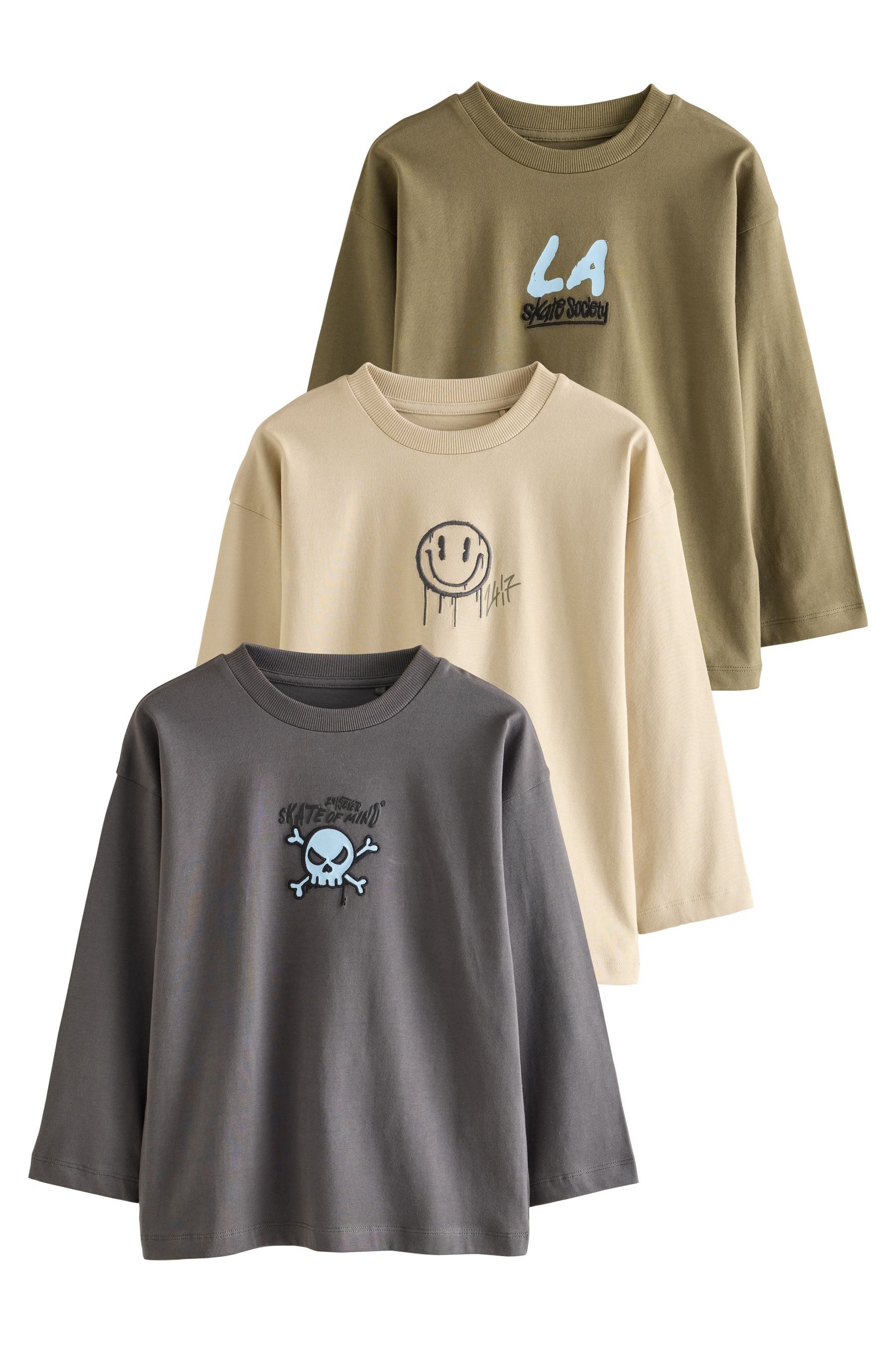 Next T-Shirt Relaxed Fit Langarmshirts mit Grafik, 3er-Pack (3-tlg)