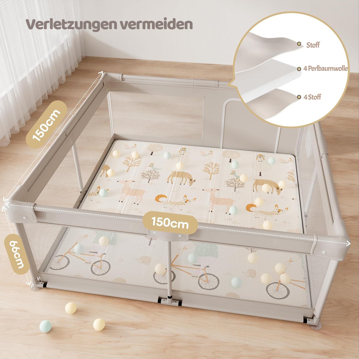 MC Star Laufstall Baby-Laufstall 150x150x68 cm (atmungsaktivem Mesh & Saugnäpfen), XXL Spielgitter mit Oxford-Stoffmatte