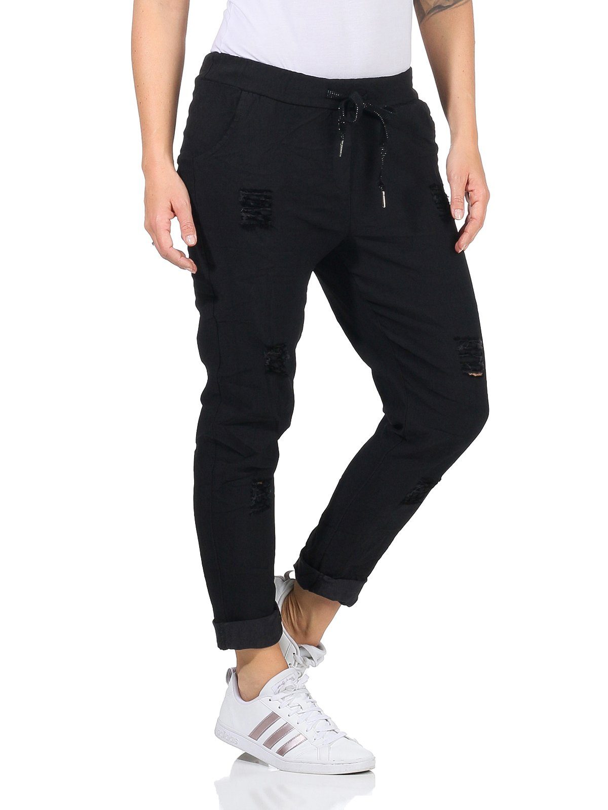 Kordelzug Used Taschen, Damenhose Damenmode elastischer Chinohose (1-tlg) Aurela Schwarz Kordelzug mit im mit Hose Look Sommerliche Chino Gummibund Schnürung,