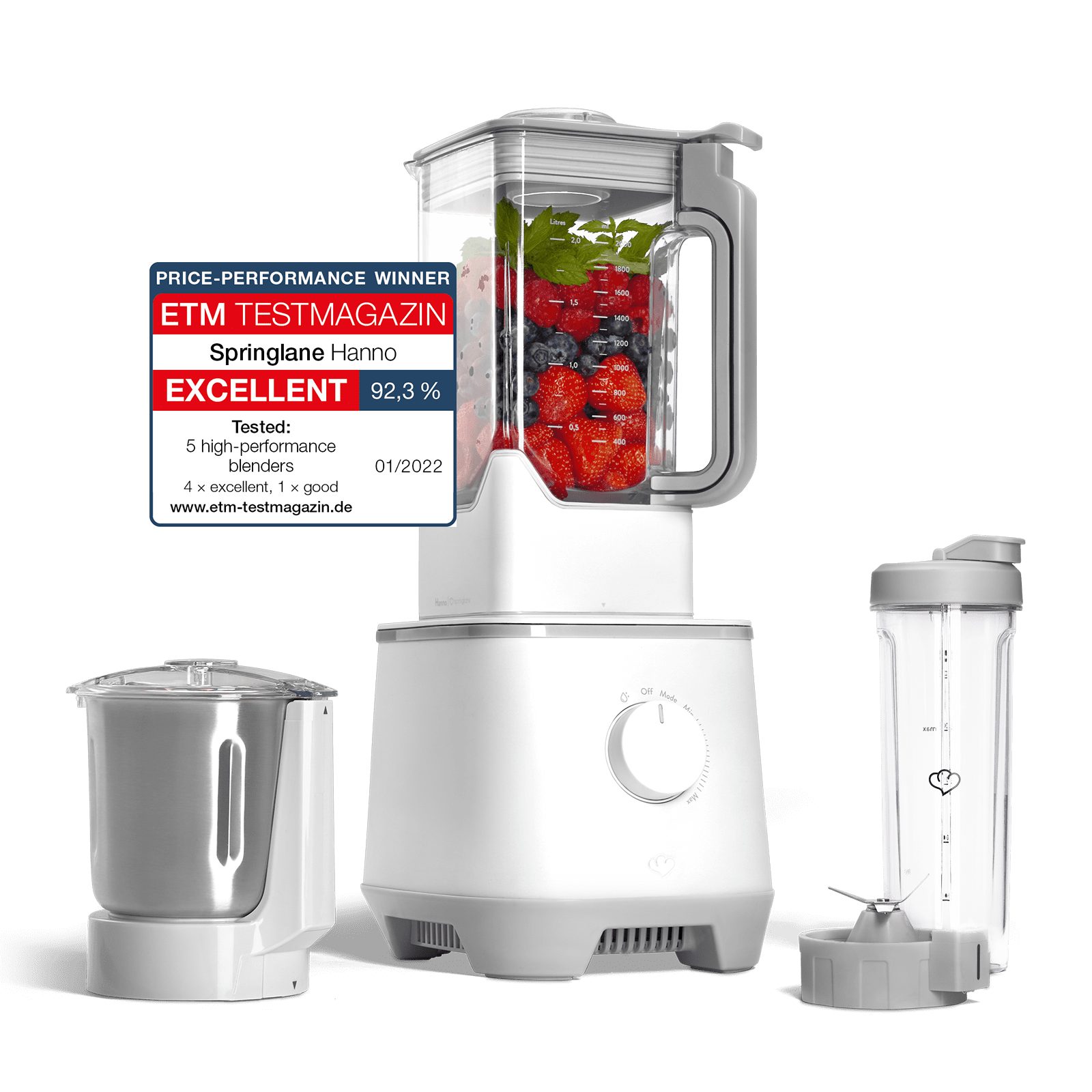 Springlane Standmixer Hochleistungsmixer Hanno - Mixer für Smoothies & mehr, 2000 W, inkl. Edelstahlmixbehälter & To-Go-Mixflasche