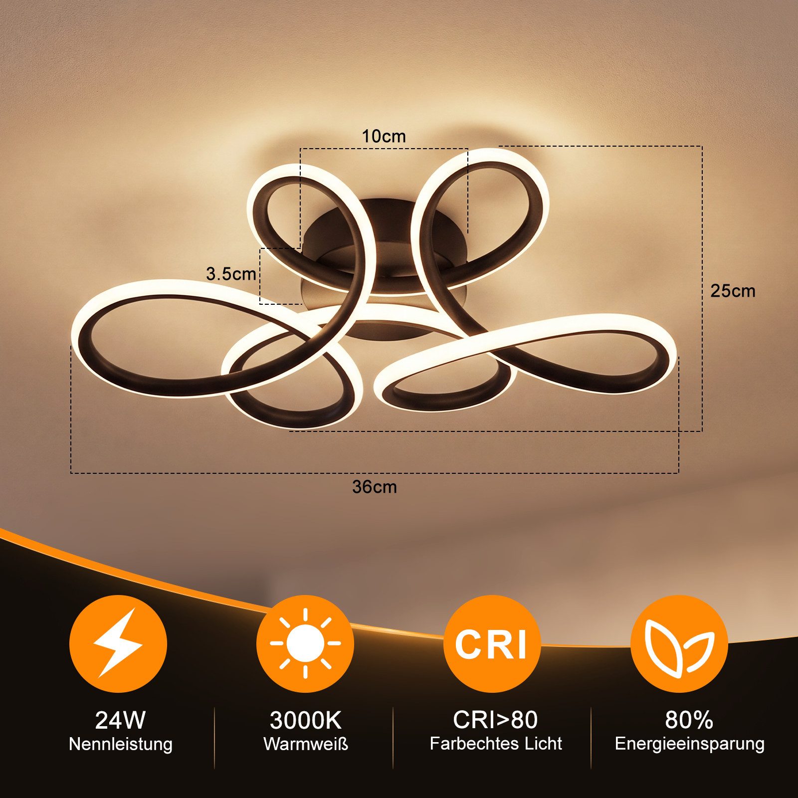 Nettlife LED Deckenleuchte modern Schwarz/Weiß 24W 3000K Warmweiß runde Blumendeckenleuchte, für Schlafzimmer Küche Flur energiesparende Deckenlampe – Bild 3 von 5