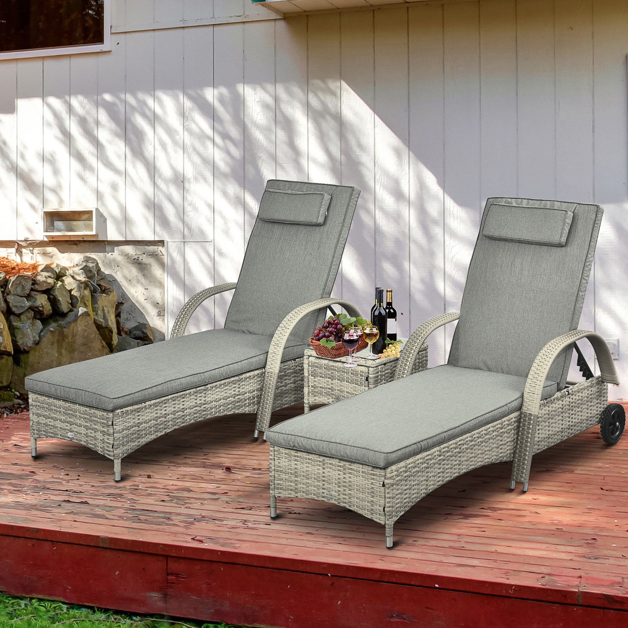 Outsunny Gartenlounge-Set 3er-Set, mit Rolle, (Liege, 3-tlg., Sonnenliege), für Garten, Balkon, Grau