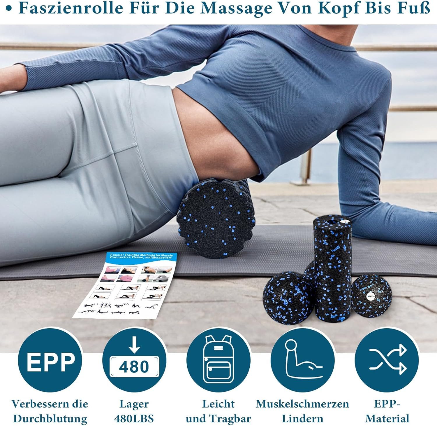skelo Massagerolle Faszienrollen-Set, Bindegewebsstoffwechsel mit Poster (4-tlg), Breiter Einsatzbereich, aus hochwertigem Polypropylen schaum (EPP)