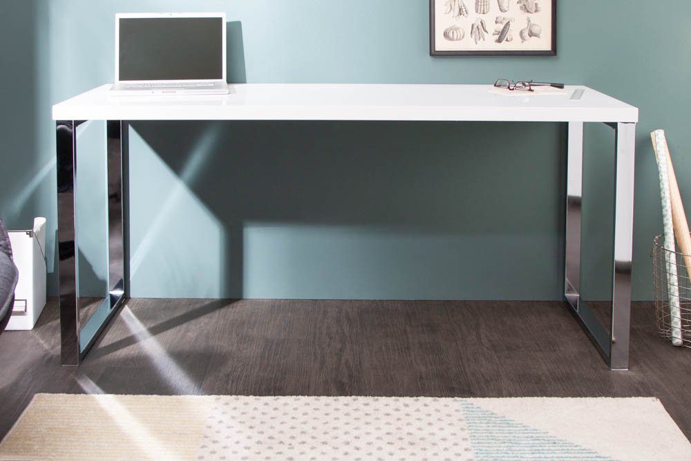 riess-ambiente Schreibtisch WHITE DESK 140cm weiß / silber, Arbeitszimmer · Hochglanz · Modern Design · Metall · Home Office