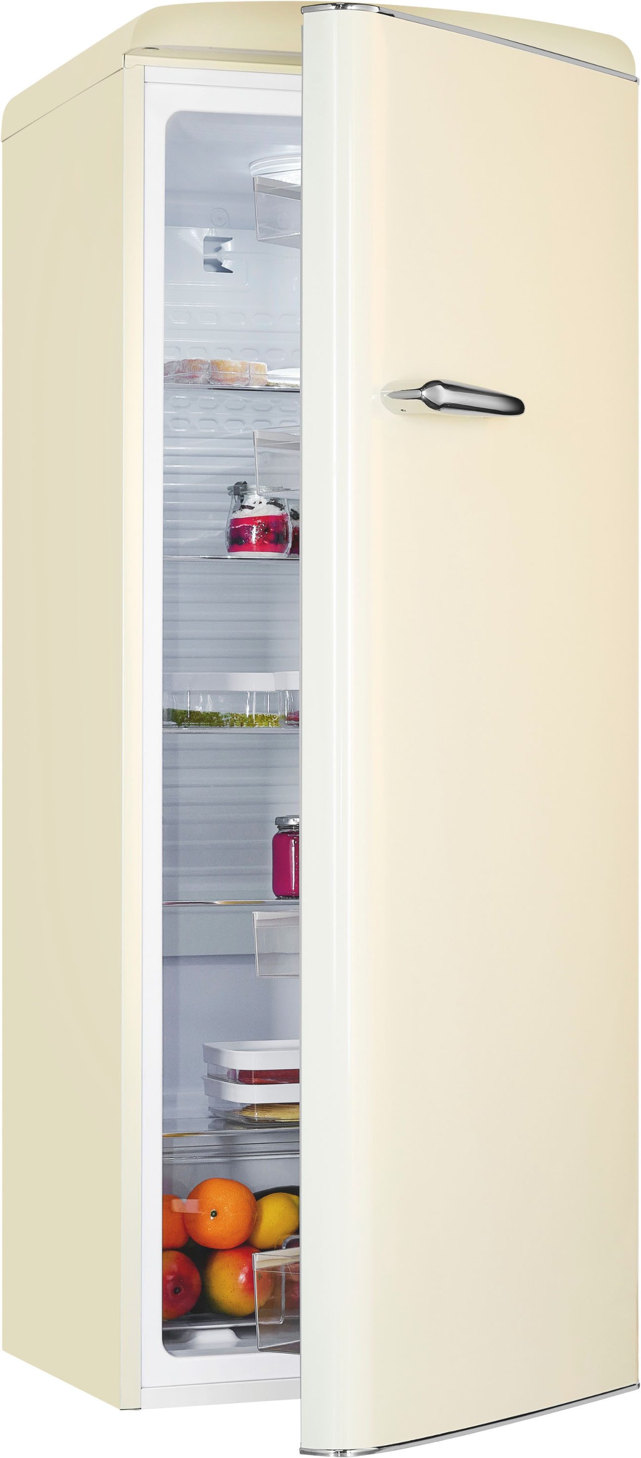 exquisit Kühlschrank RKS325-V-H-160C magnolienweiss, 146,5 cm hoch, 54,5 cm breit, LED-Beleuchtung, verstellbare Glasböden, Retro-Design