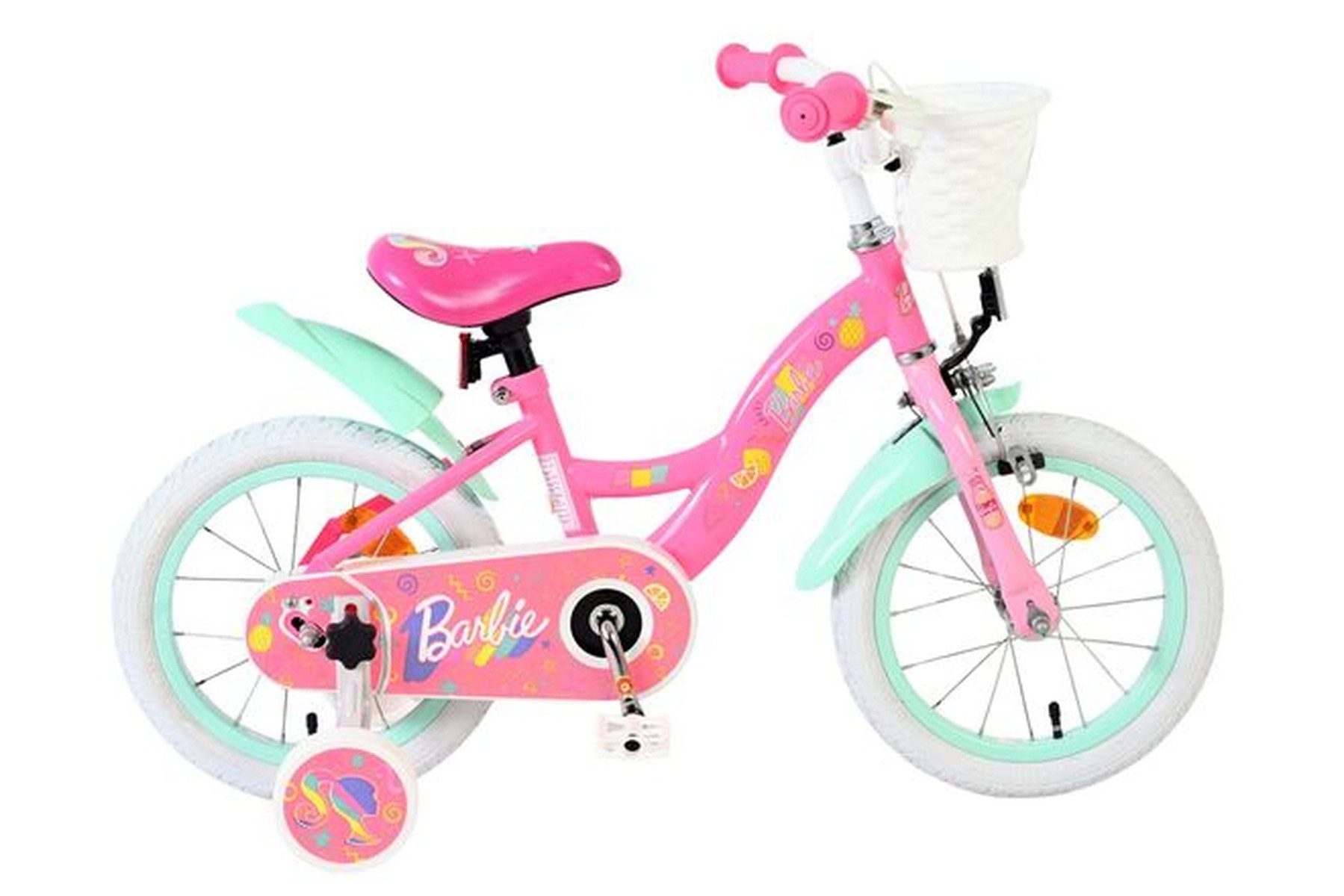 Volare Kinderfahrrad Barbie 14 Zoll Rosa für Mädchen - Stützräder, Rücktritt- & Handbremse, Geschlossener Kettenschutz, Luftreifen, Für Alter 3,5–5 Jahre