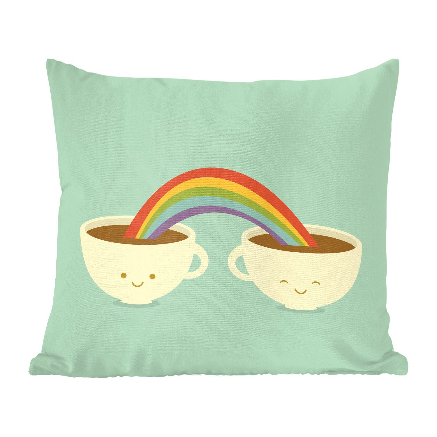 MuchoWow Dekokissen Eine Illustration eines Regenbogens über zwei Tassen Kaffee, Zierkissen mit Füllung für Wohzimmer, Schlafzimmer, Deko, Sofakissen
