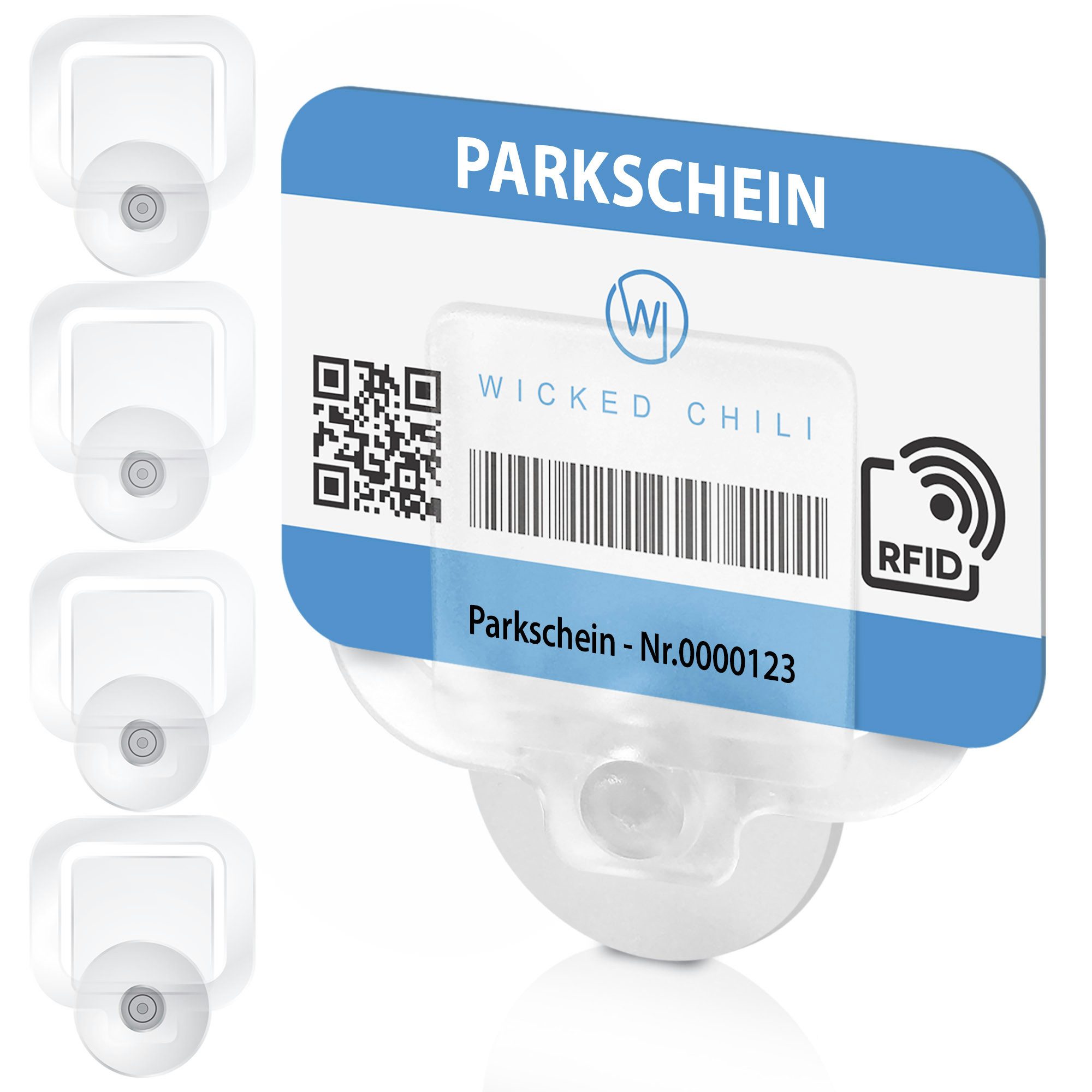 Wicked Chili Halterung Parkscheinhalter Clip für Auto Windschutzscheibe, (1er Set, 4-tlg., 4er-Pack, Made in Germany - KFZ Ticket Anwohnerparkausweis Saugnapf Halterung)